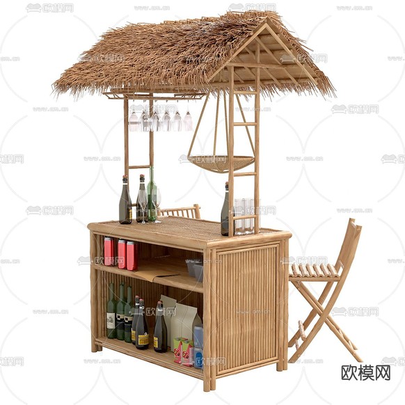 外摆 售货亭 茅草档口3d模型下载(渲染图3)