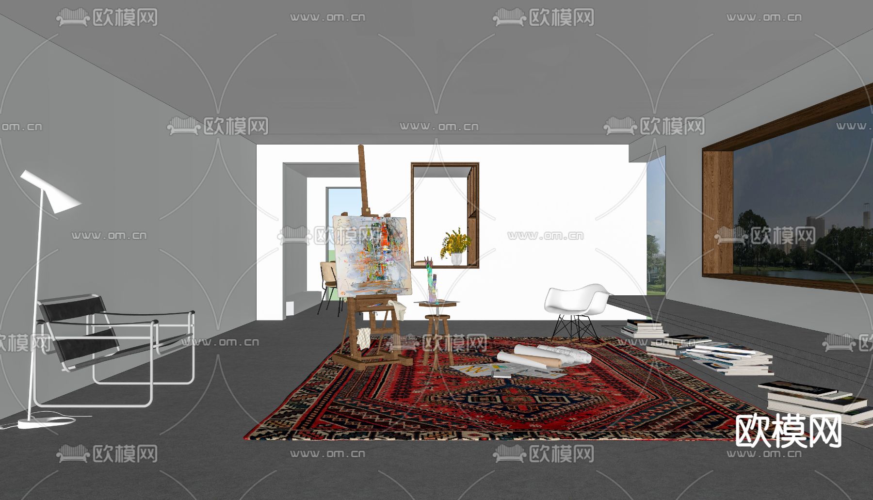 现代画室 工作室su模型下载（渲染图2）