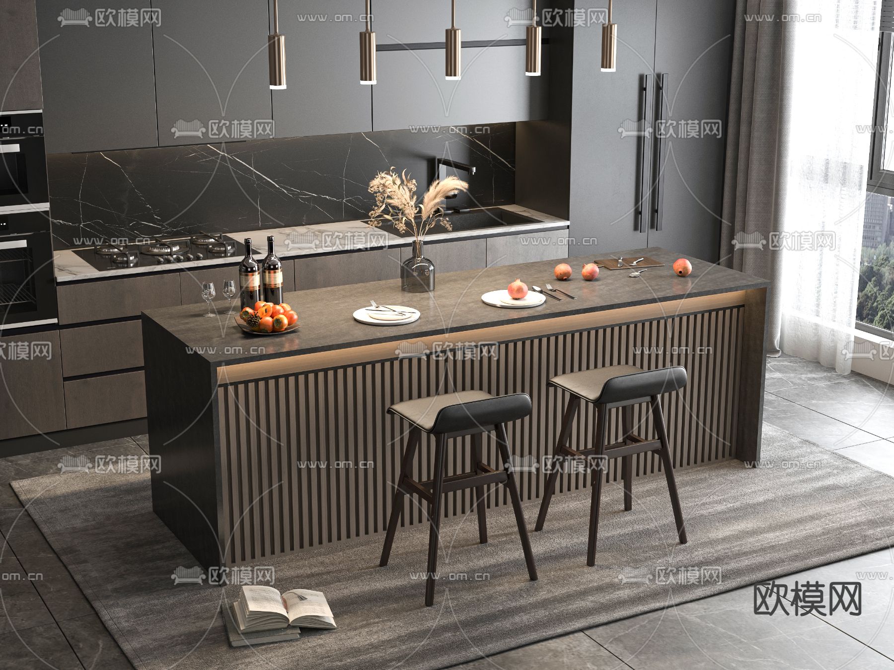 暗黑风岛台餐桌椅su模型下载（渲染图1）