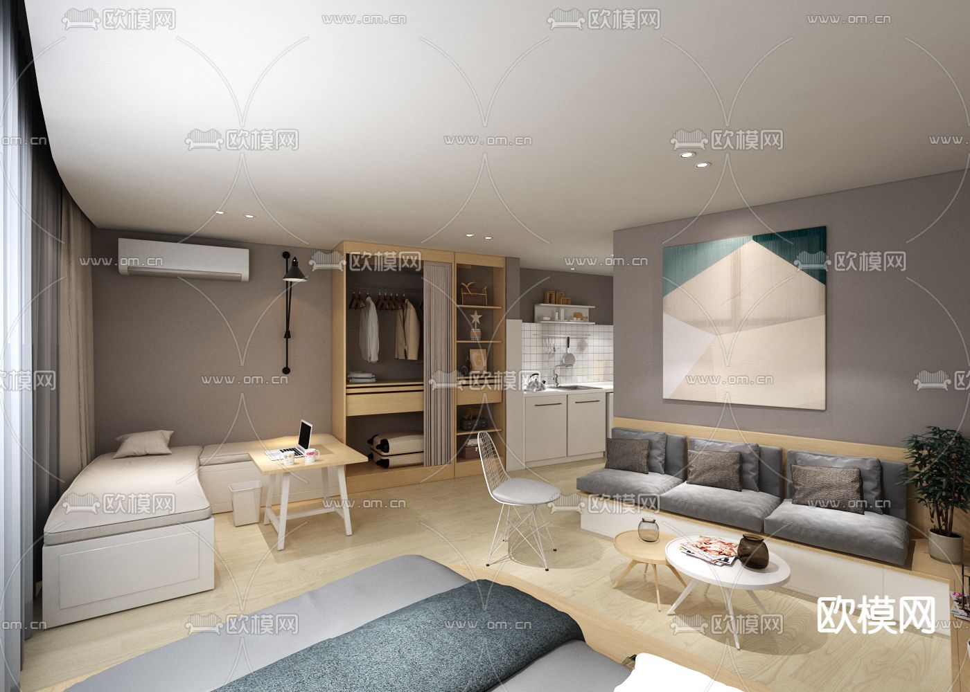 单身公寓宿舍su模型下载（渲染图2）