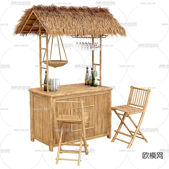 外摆 售货亭 茅草档口3d模型下载(渲染图2)
