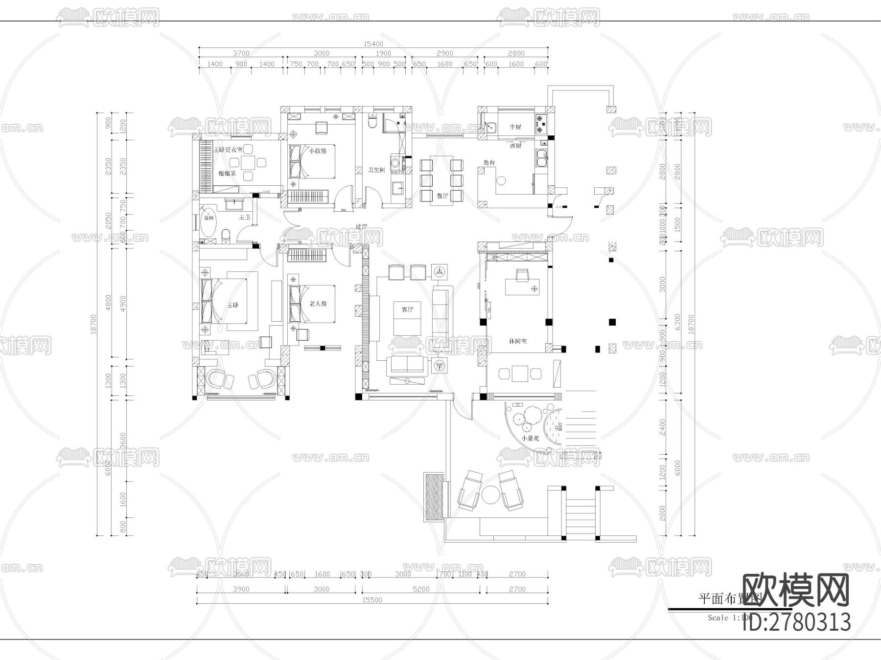 家装施工图纸 平面布置图 电路图cad施工图下载（渲染图3）
