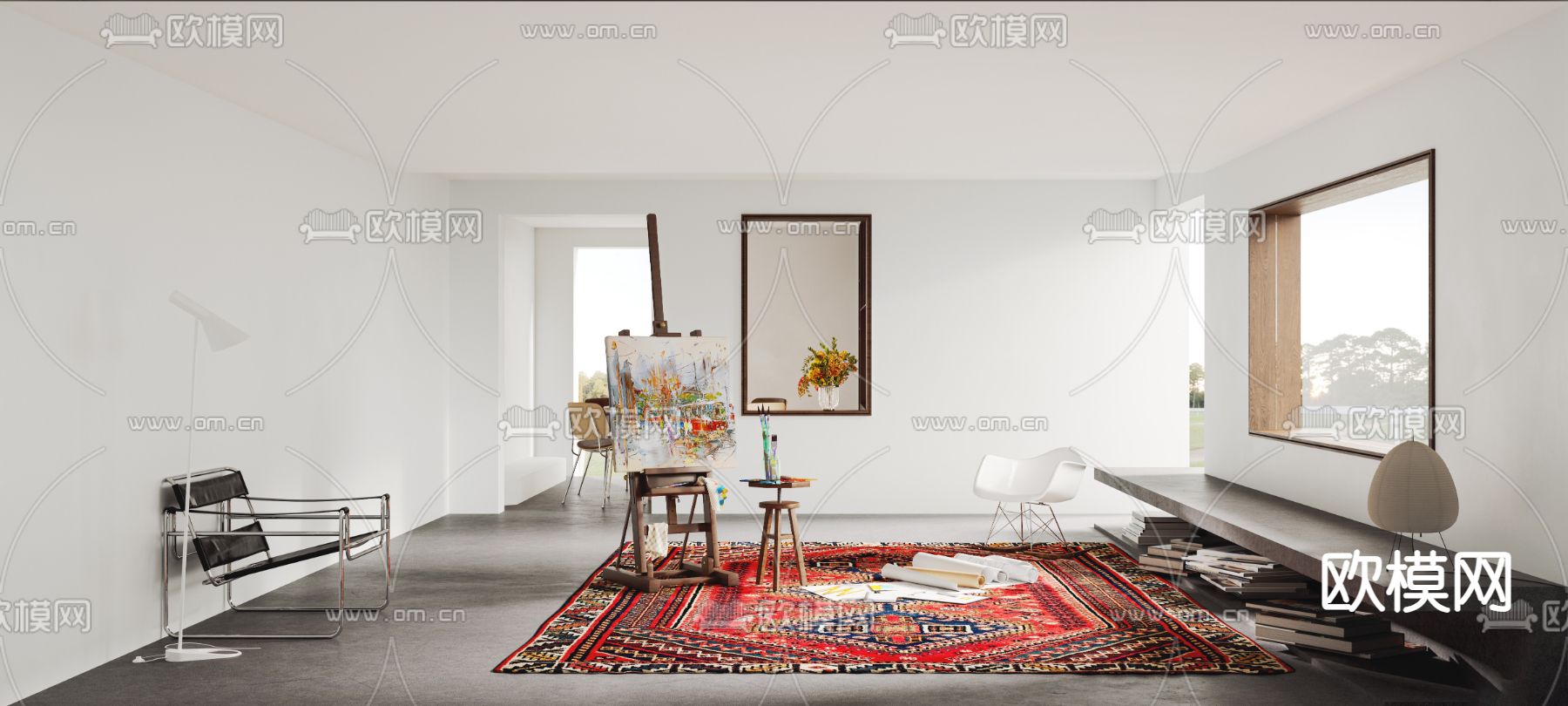 现代画室 工作室su模型下载（渲染图1）
