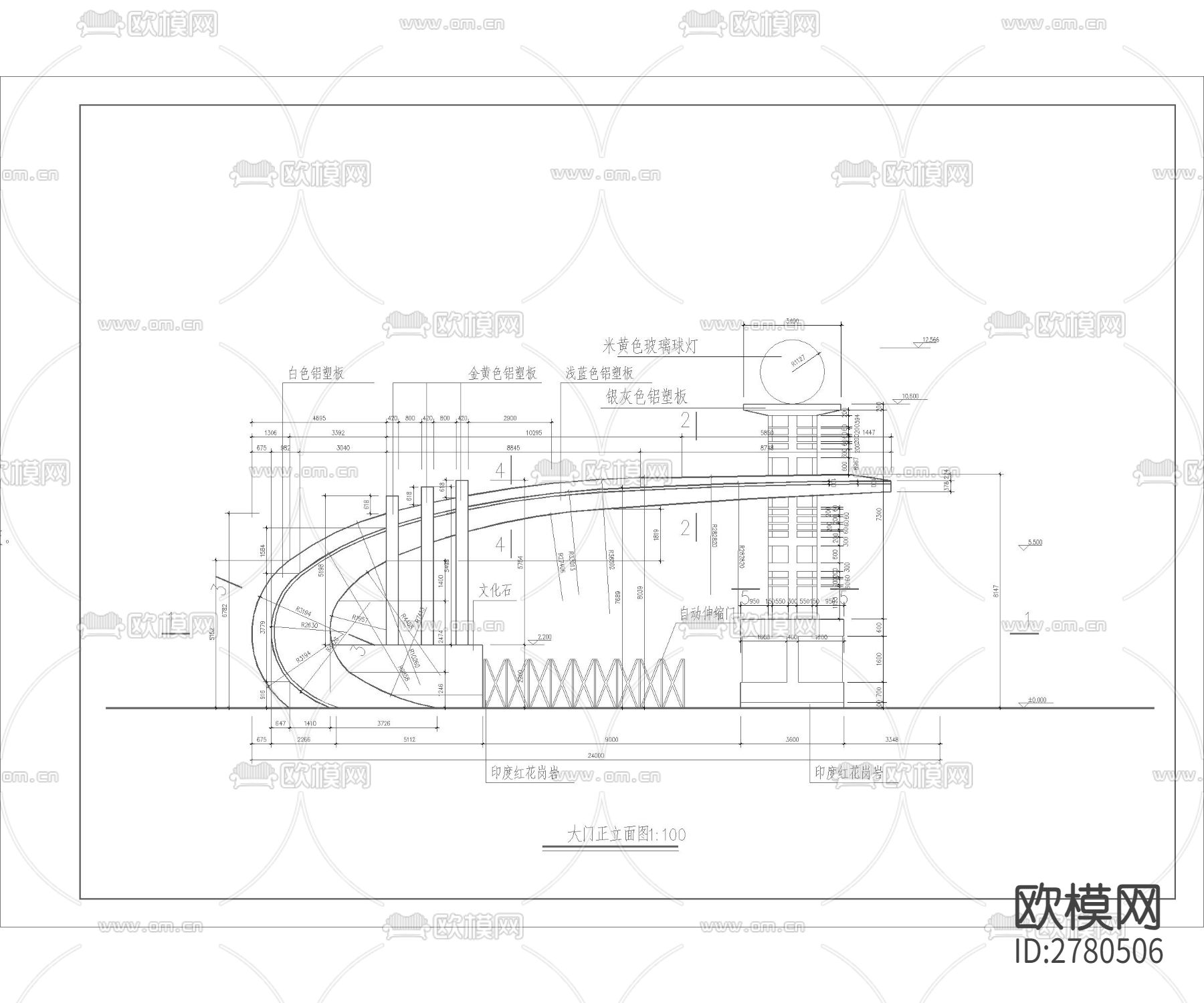 入口大门CAD施工图下载（渲染图1）