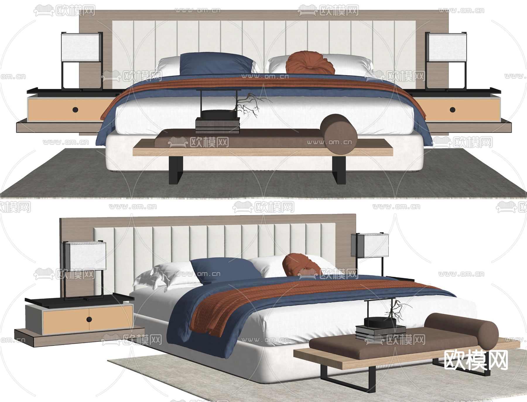 新中式双人床su模型下载（渲染图2）