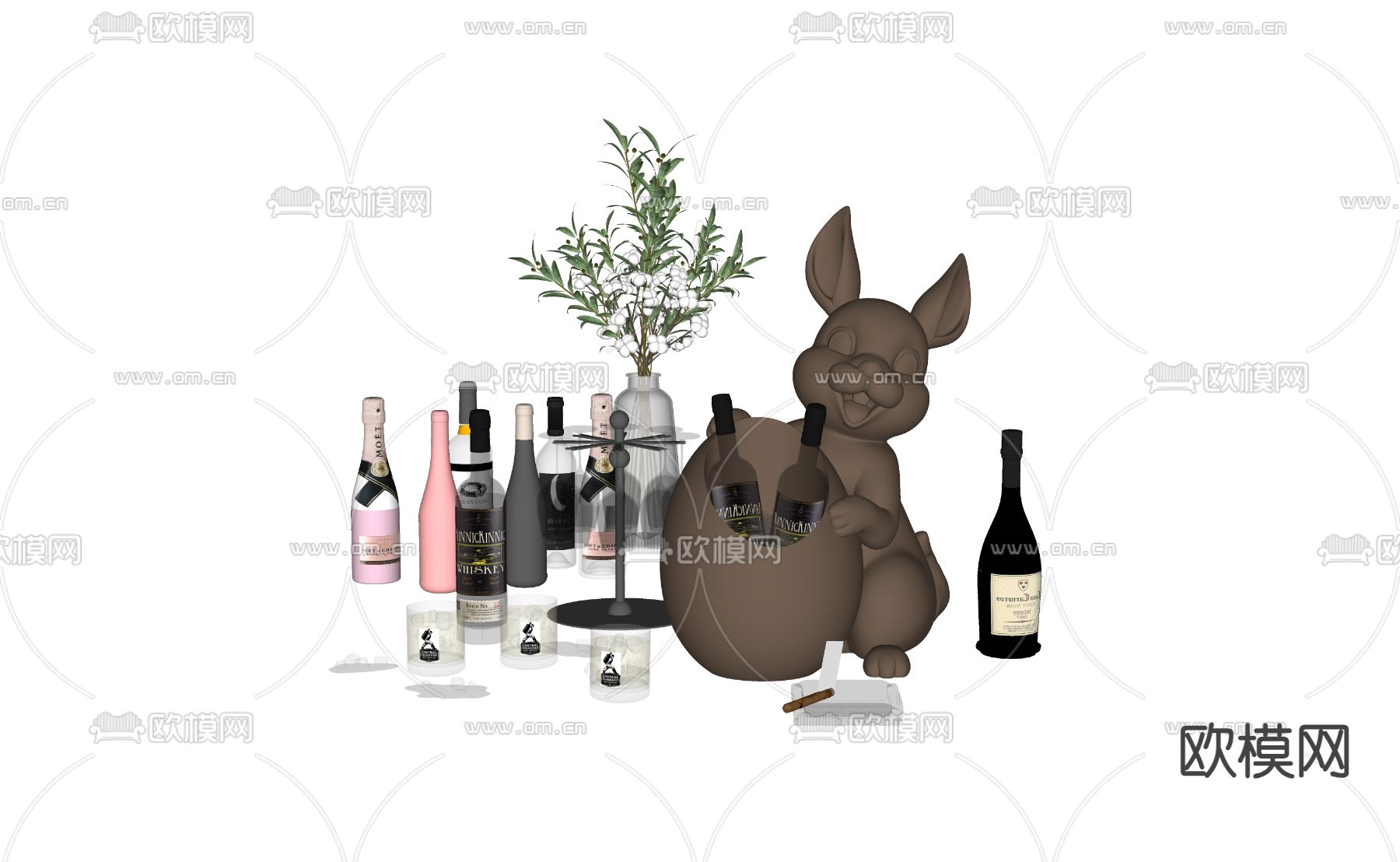 洋酒 酒瓶 酒杯su模型下载（渲染图2）