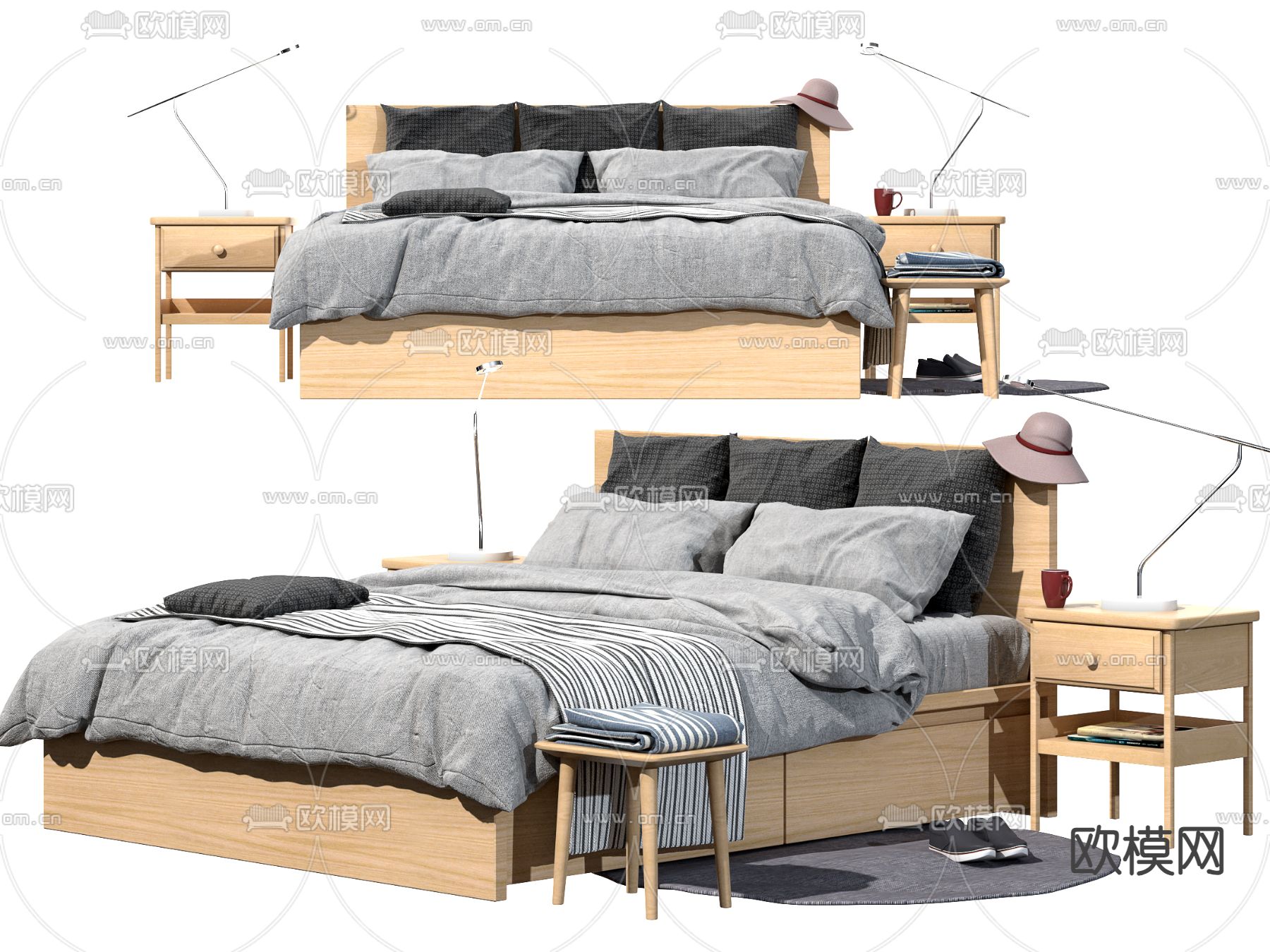 北欧双人床su模型下载（渲染图1）
