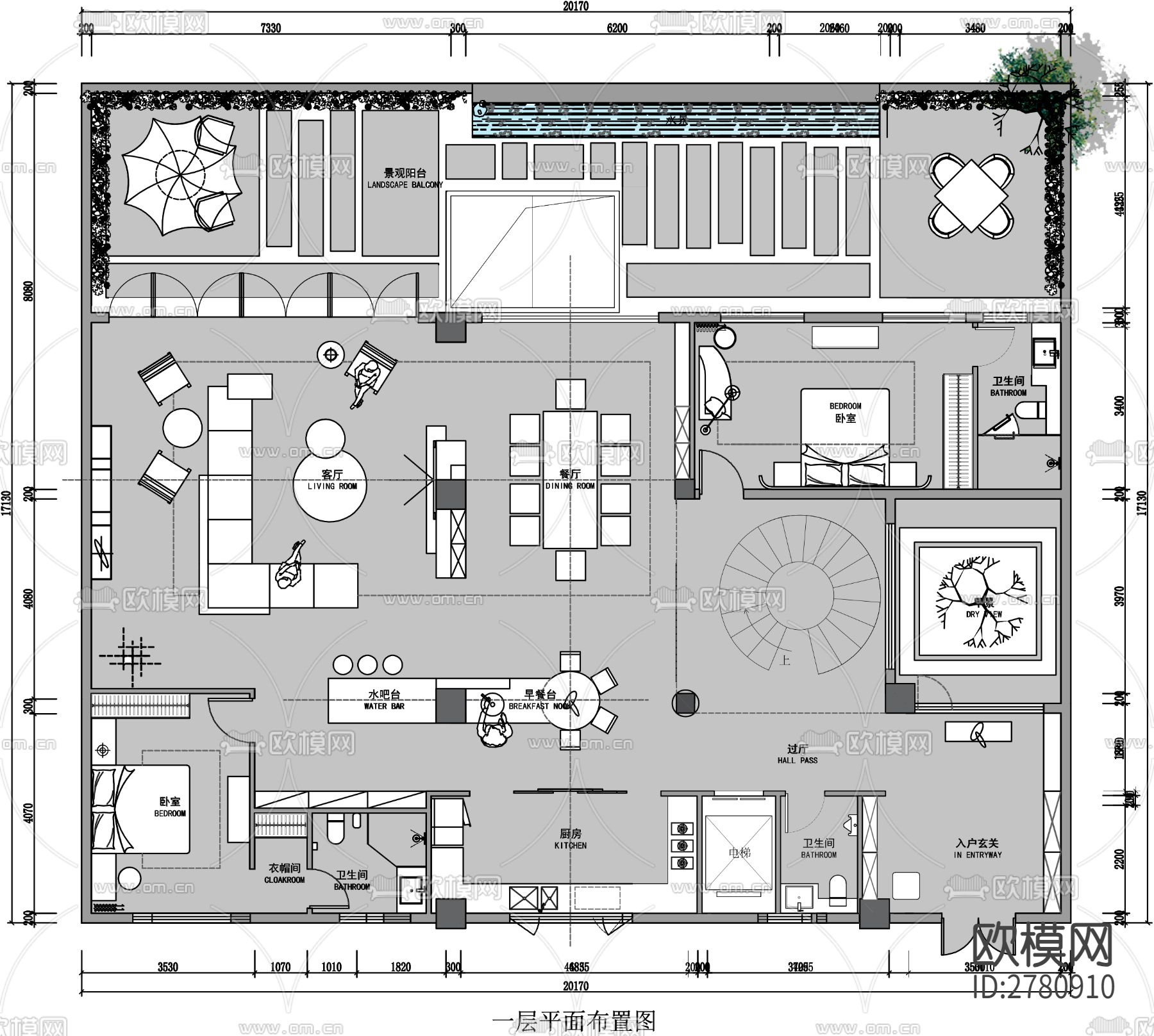 800㎡别墅CAD施工图下载（渲染图3）