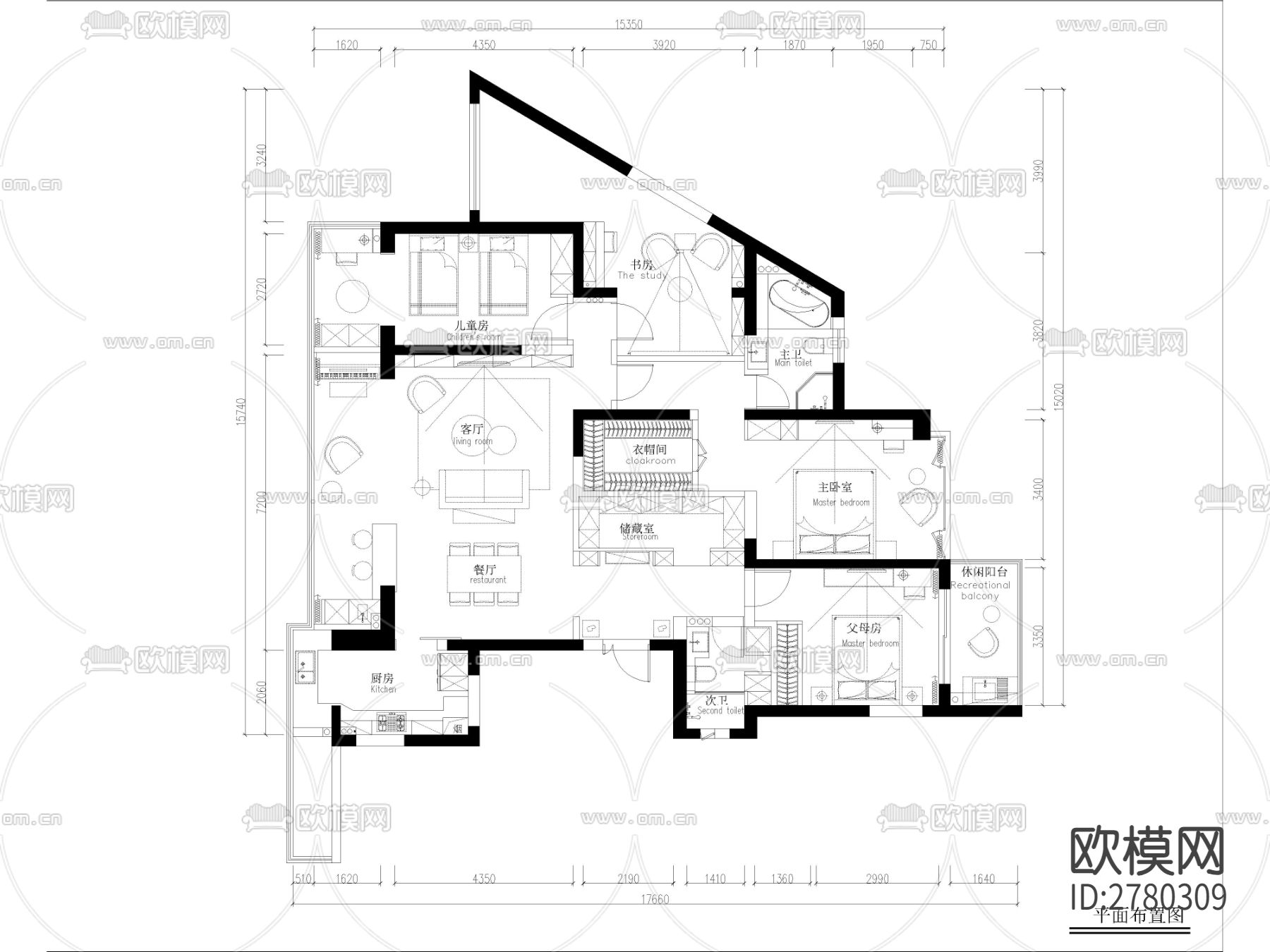 家装施工图纸，平面布置图，电路图cad施工图下载（渲染图4）