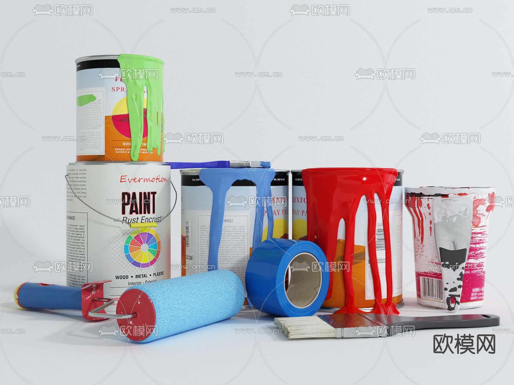现代油漆桶 滚刷su模型下载（渲染图1）