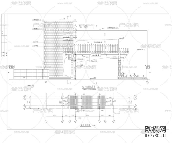 入口大門CAD施工圖下載(渲染圖1)