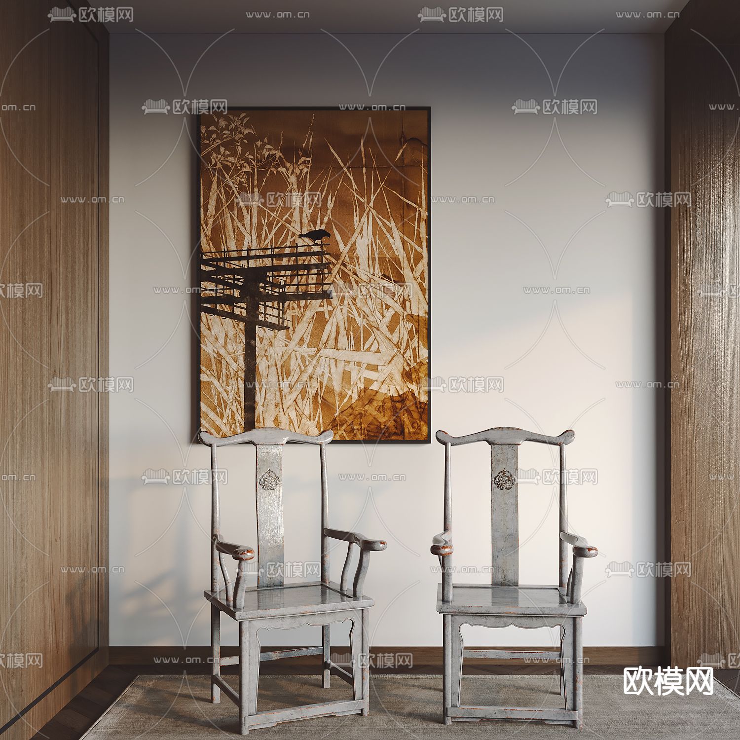 新中式扶手椅 官帽椅su模型下载（渲染图1）