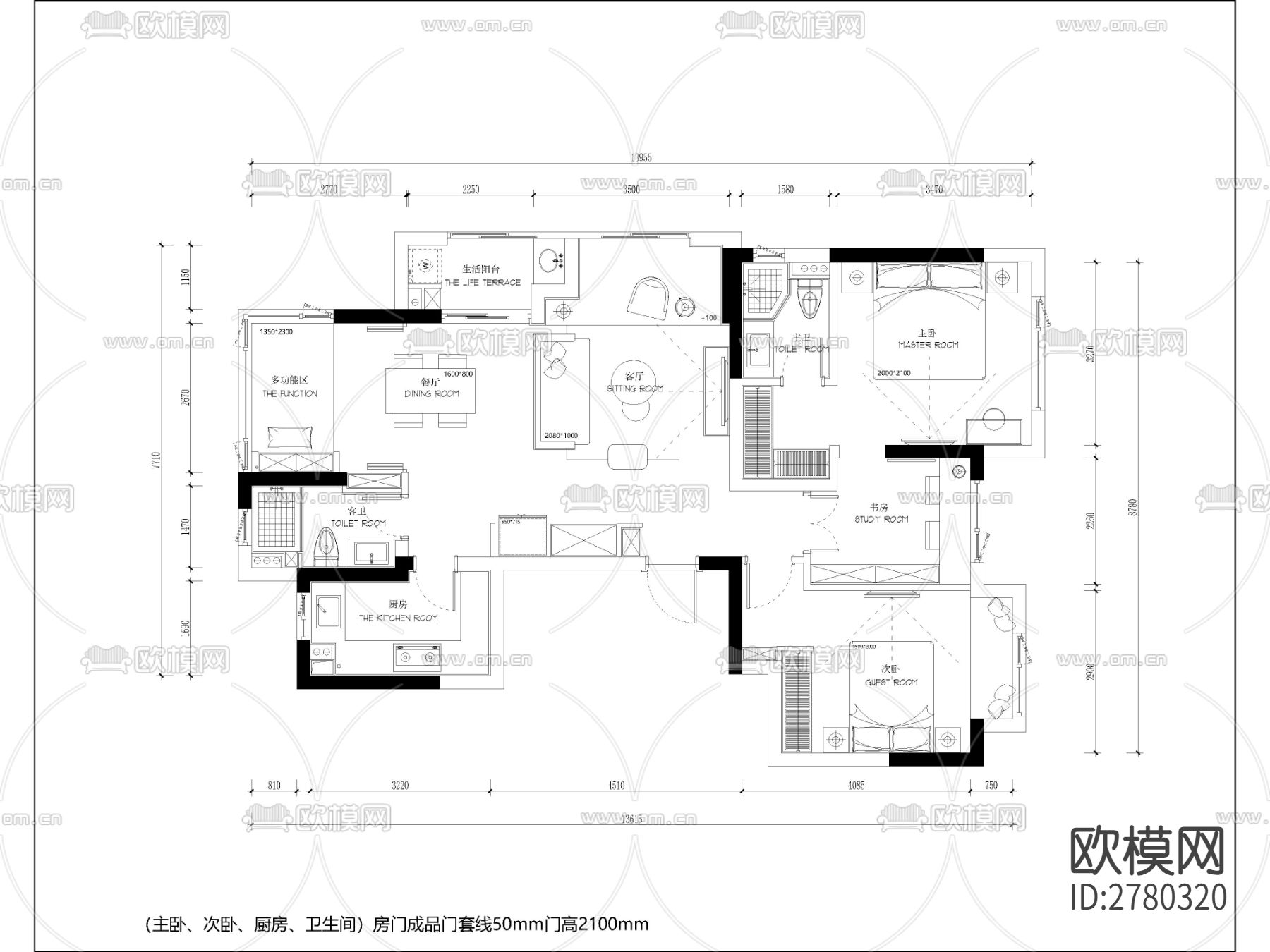 家装施工图纸，平面布置图，电路图cad施工图下载（渲染图1）
