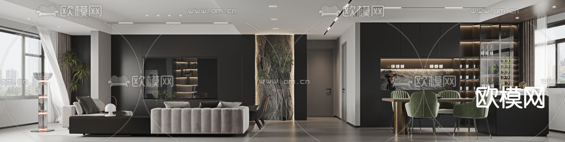 高级灰客厅 餐厅3d模型下载（渲染图2）