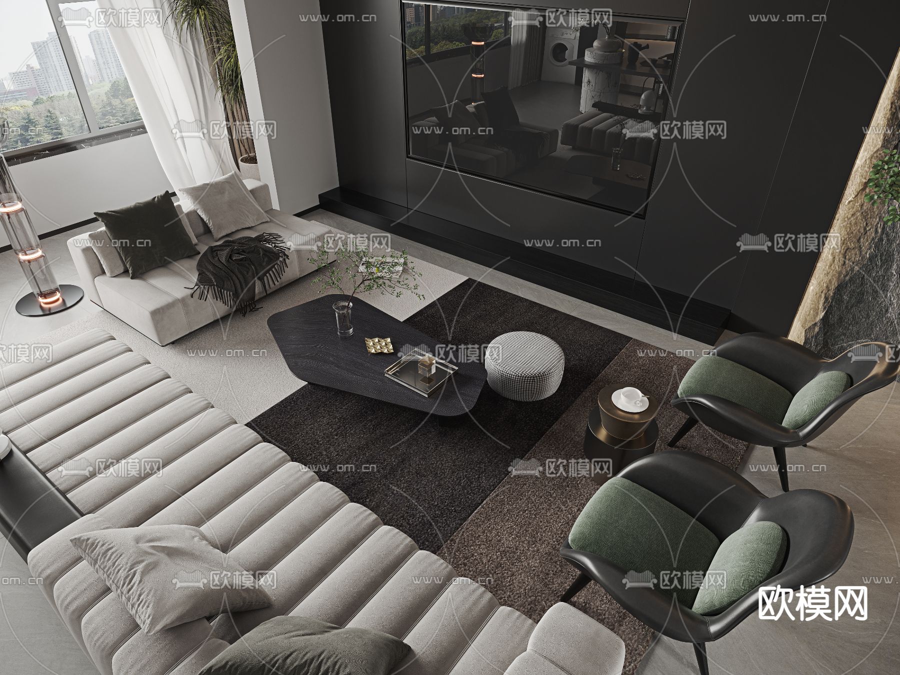 高级灰客厅 餐厅3d模型下载（渲染图4）