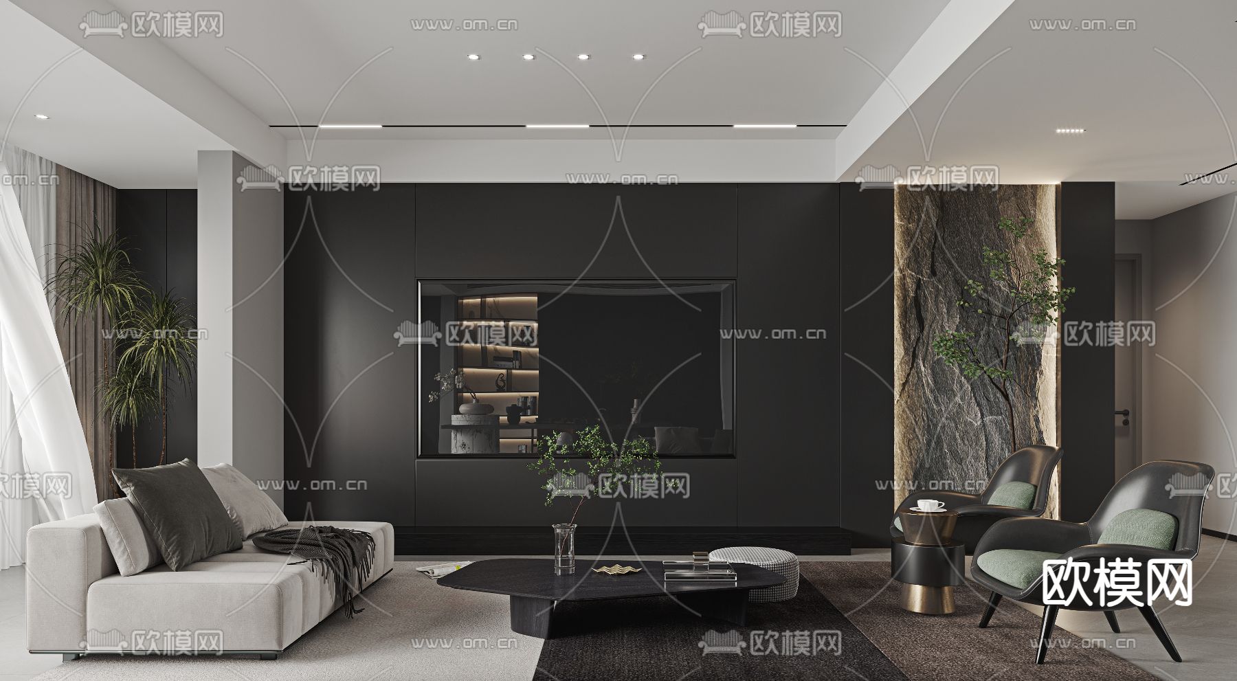 高级灰客厅 餐厅3d模型下载（渲染图3）