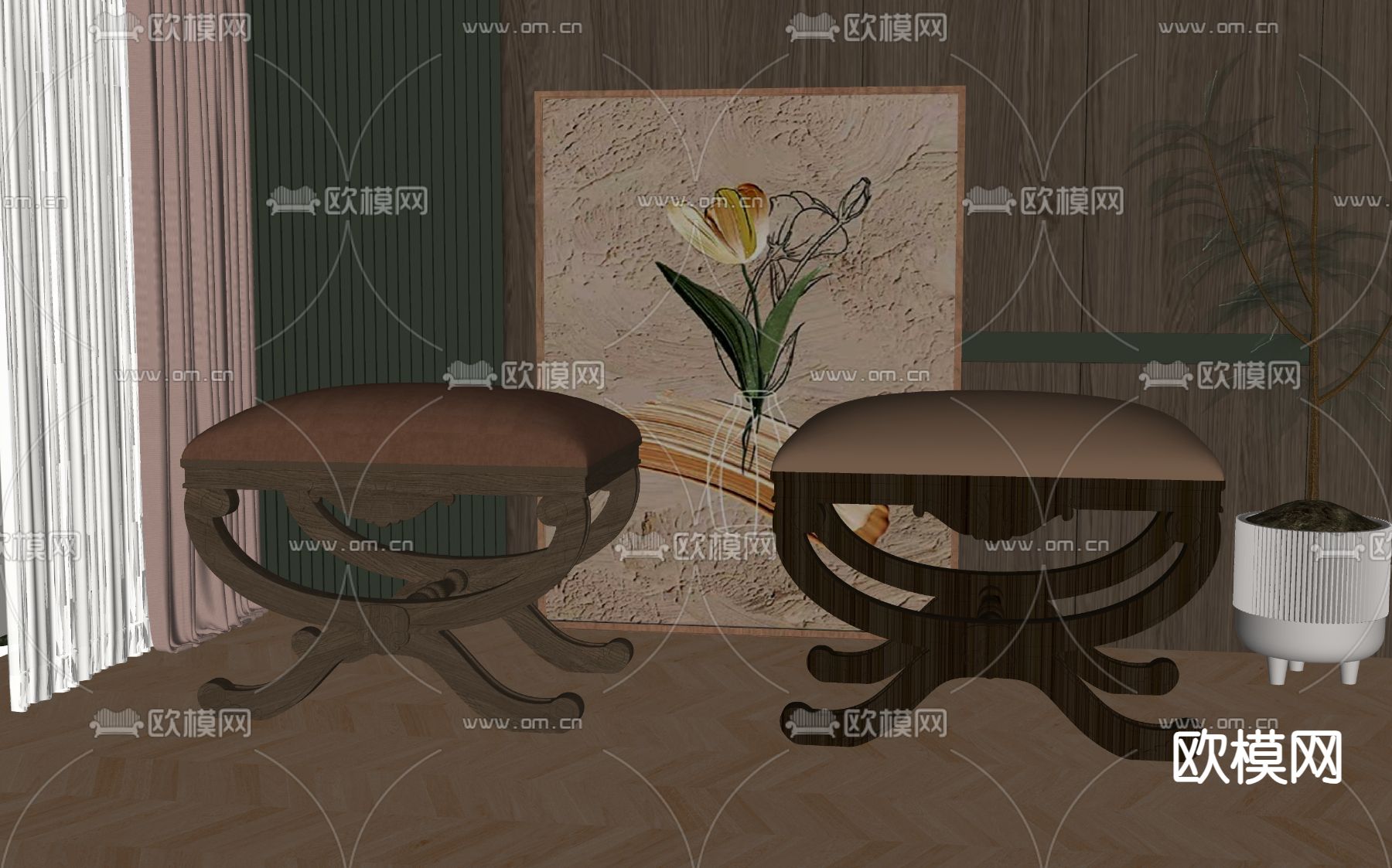 美式沙发凳su模型下载（渲染图2）