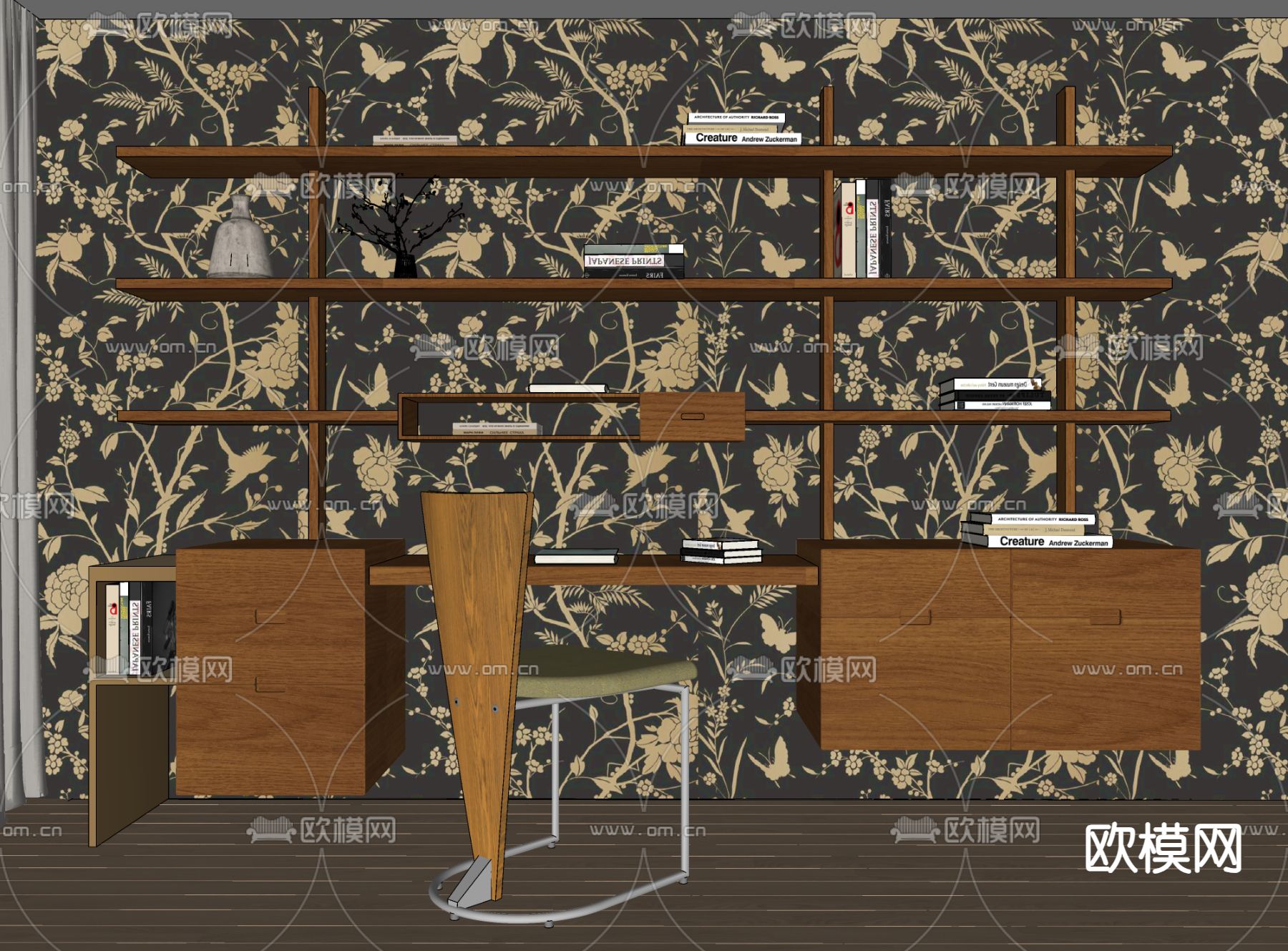现代书桌椅  书架su模型下载（渲染图2）
