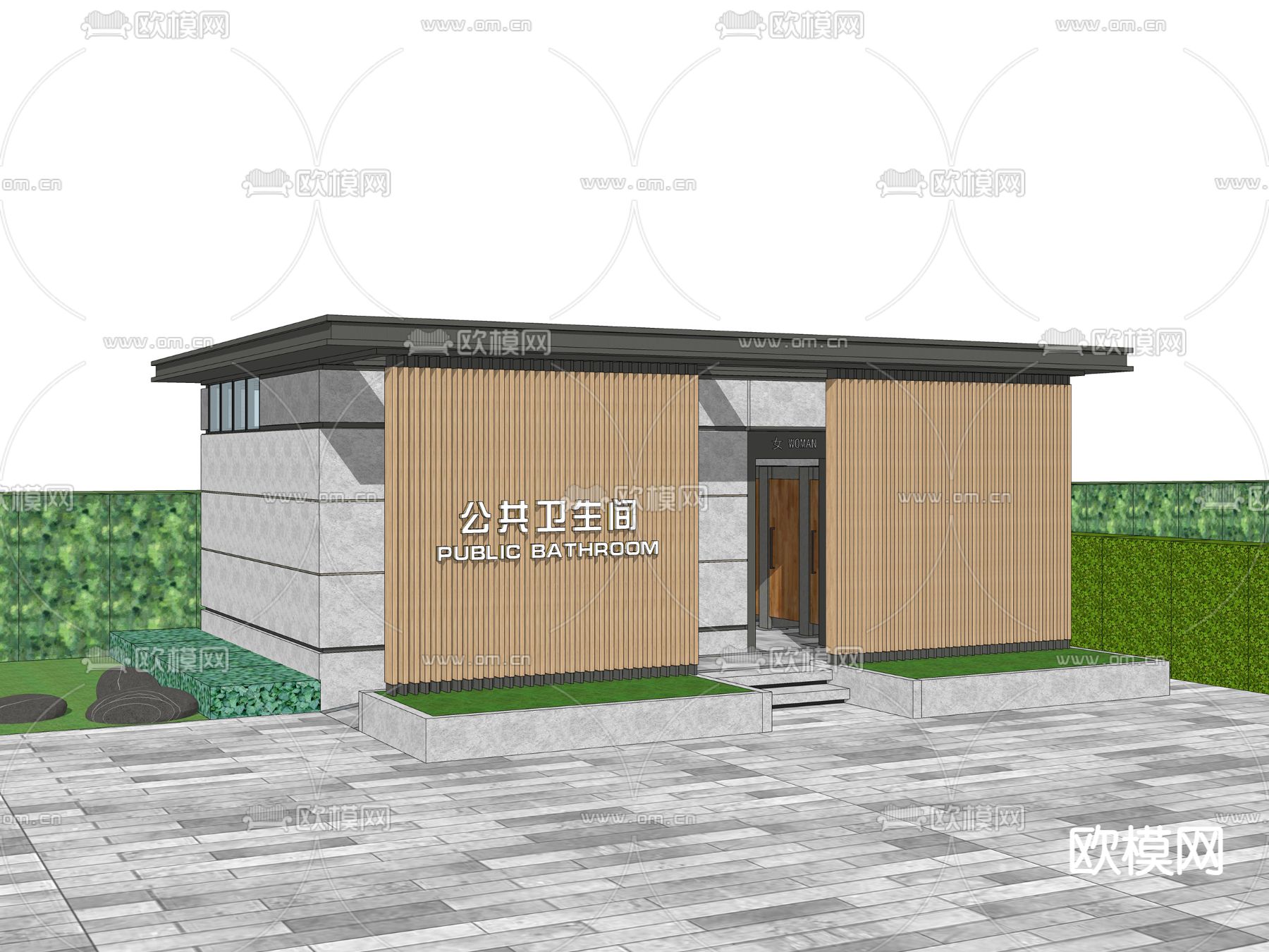 新中式公共卫生间su模型下载（渲染图2）