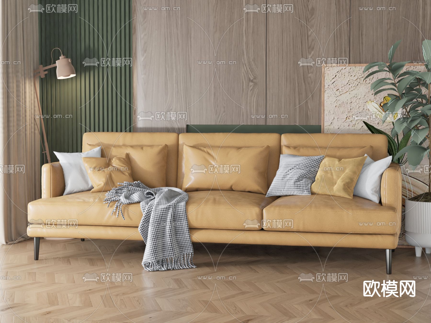 简欧多人沙发su模型下载（渲染图1）