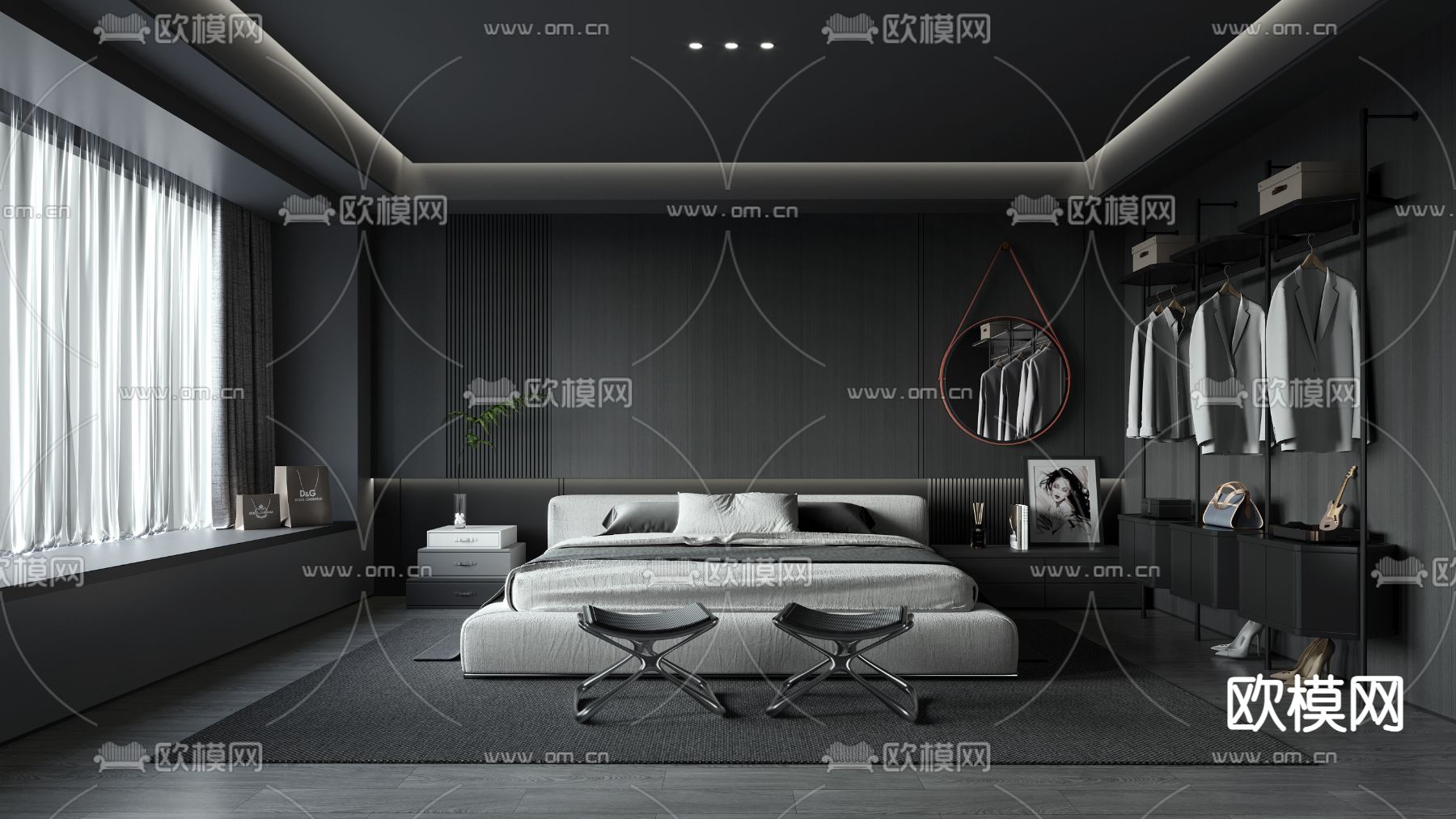 暗黑风卧室 主人房3d模型下载_ID14215967_3dmax免费模型-欧模网