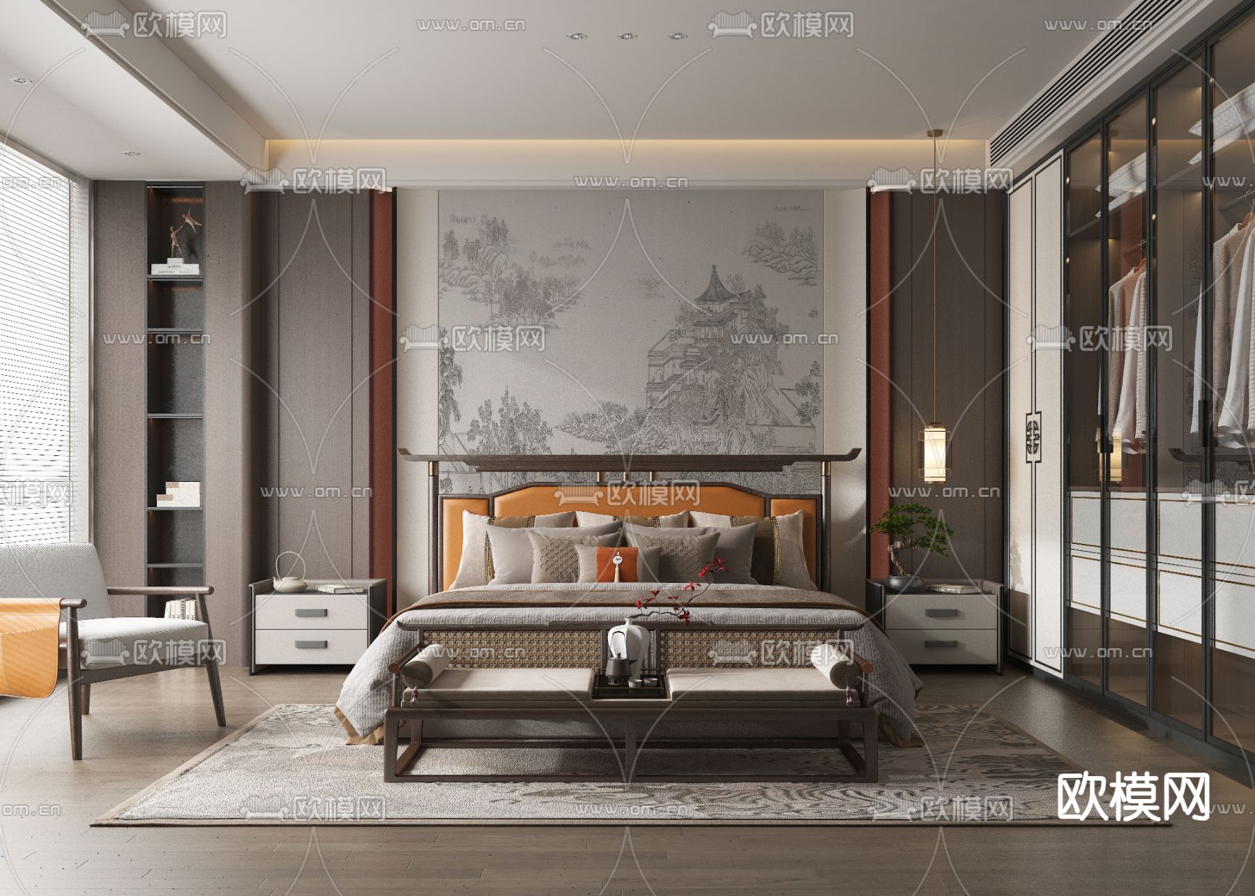 新中式卧室 主人房3d模型下载