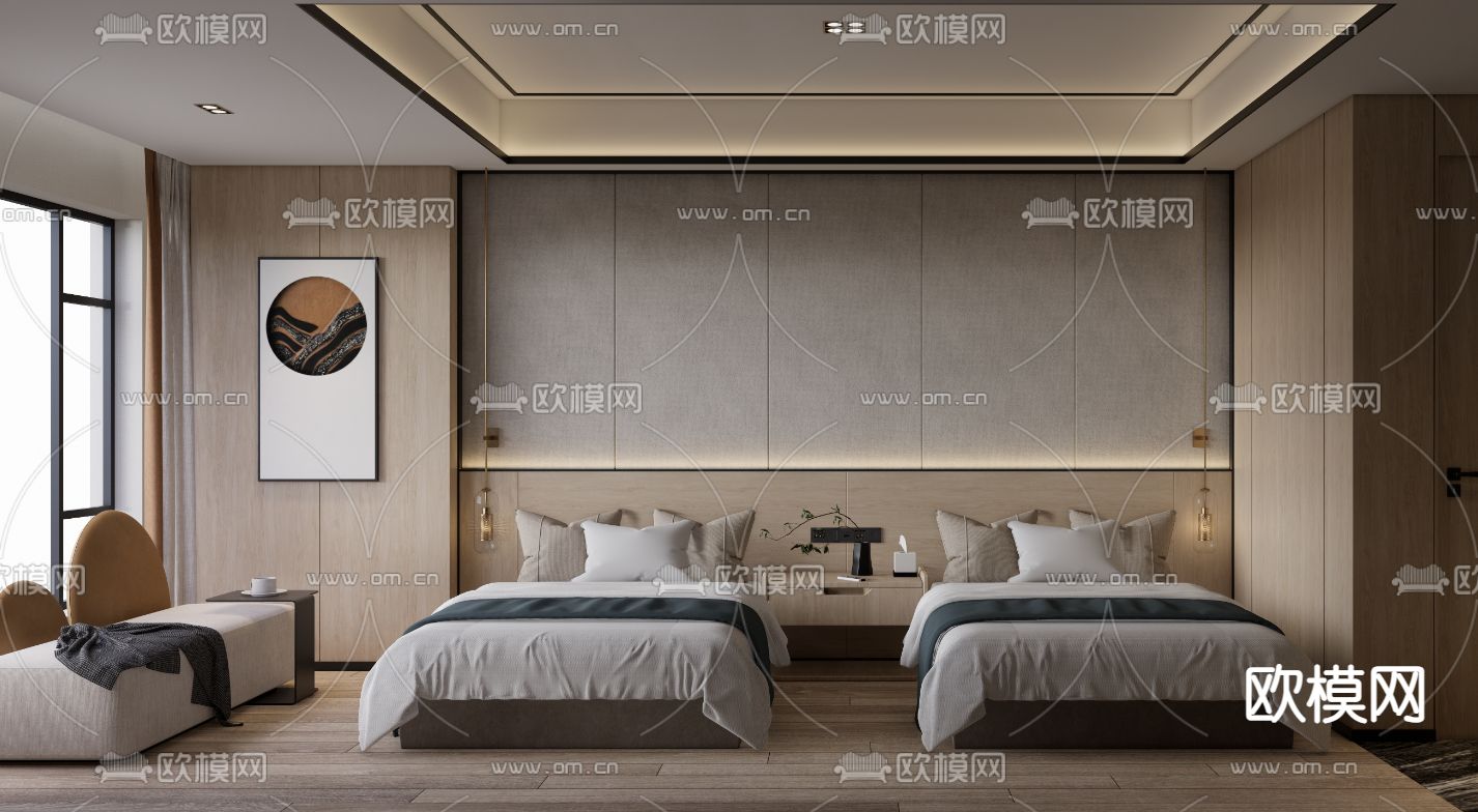 新中式酒店 双床房su模型下载（渲染图1）