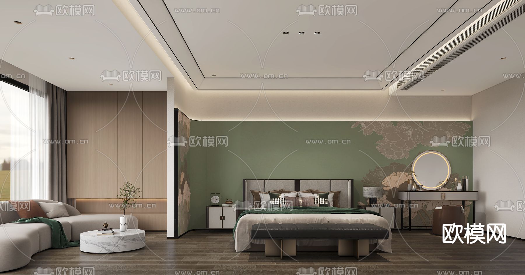 新中式卧室 主卧3d模型下载_ID14215021_3dmax免费模型-欧模网
