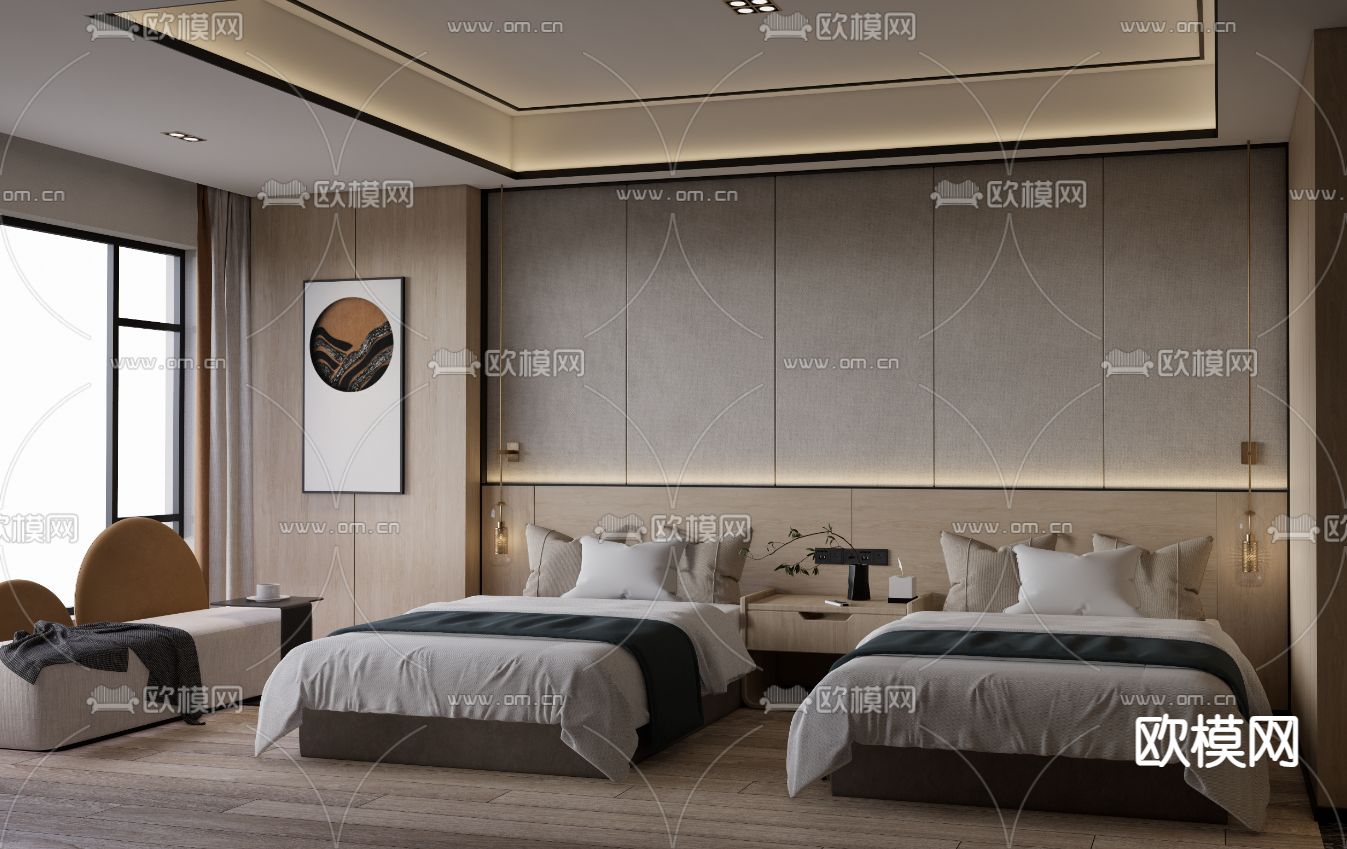 新中式酒店 双床房su模型下载（渲染图3）