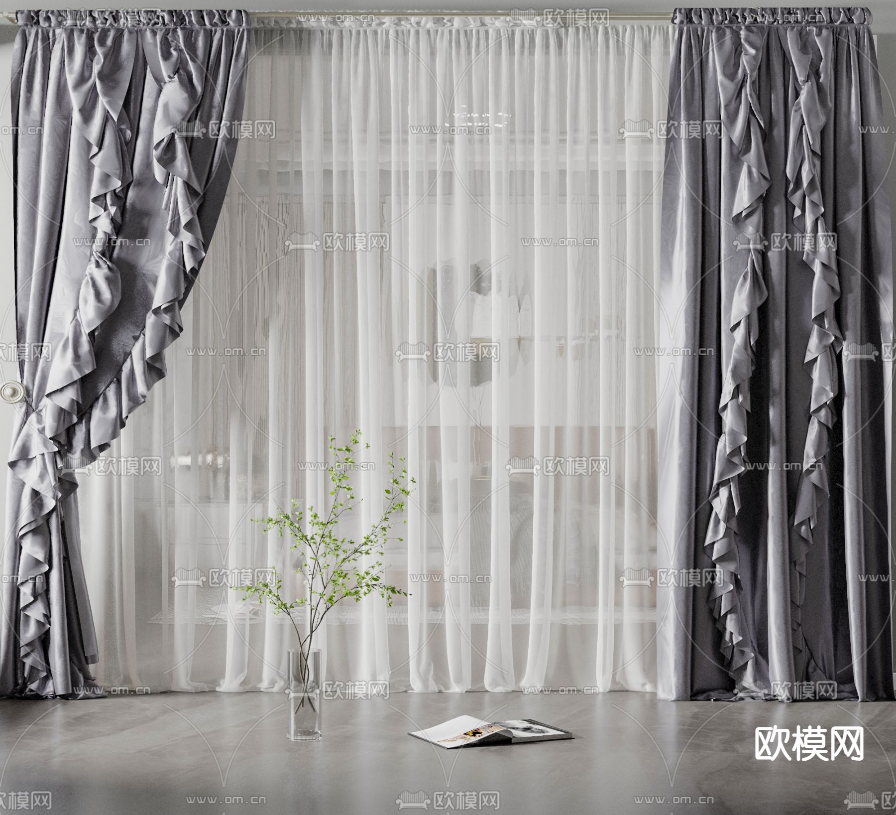 简欧窗帘su模型下载（渲染图1）