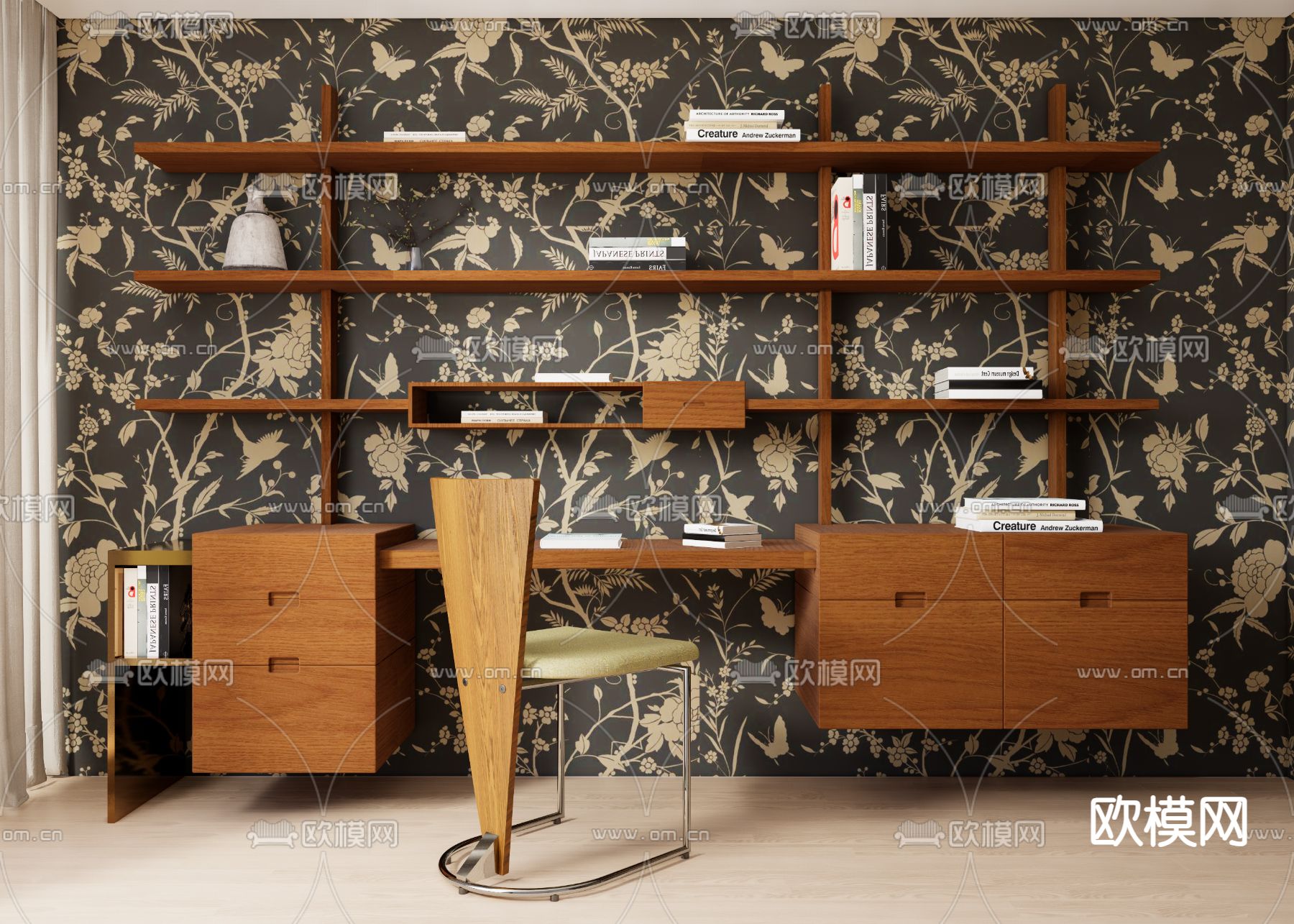 现代书桌椅  书架su模型下载（渲染图1）