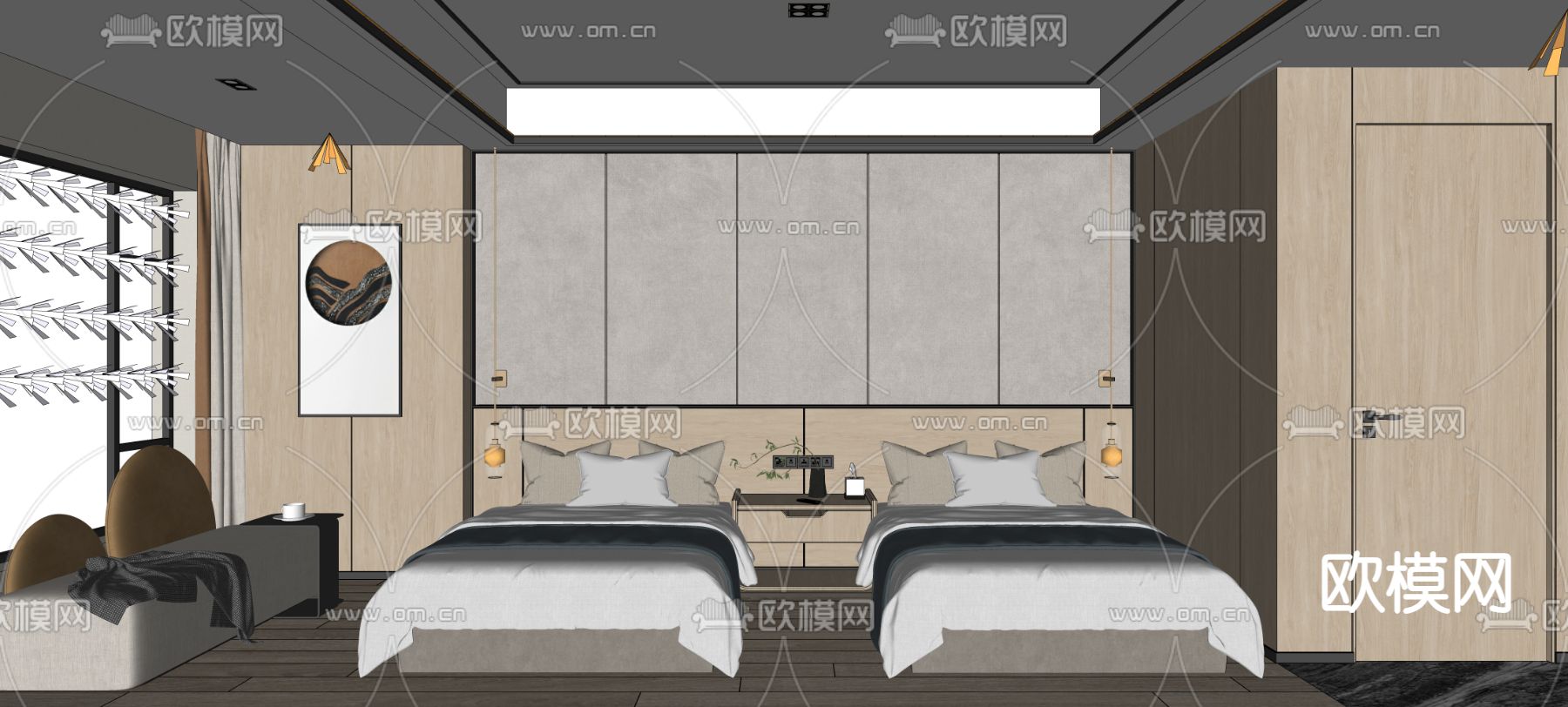 新中式酒店 双床房su模型下载（渲染图2）