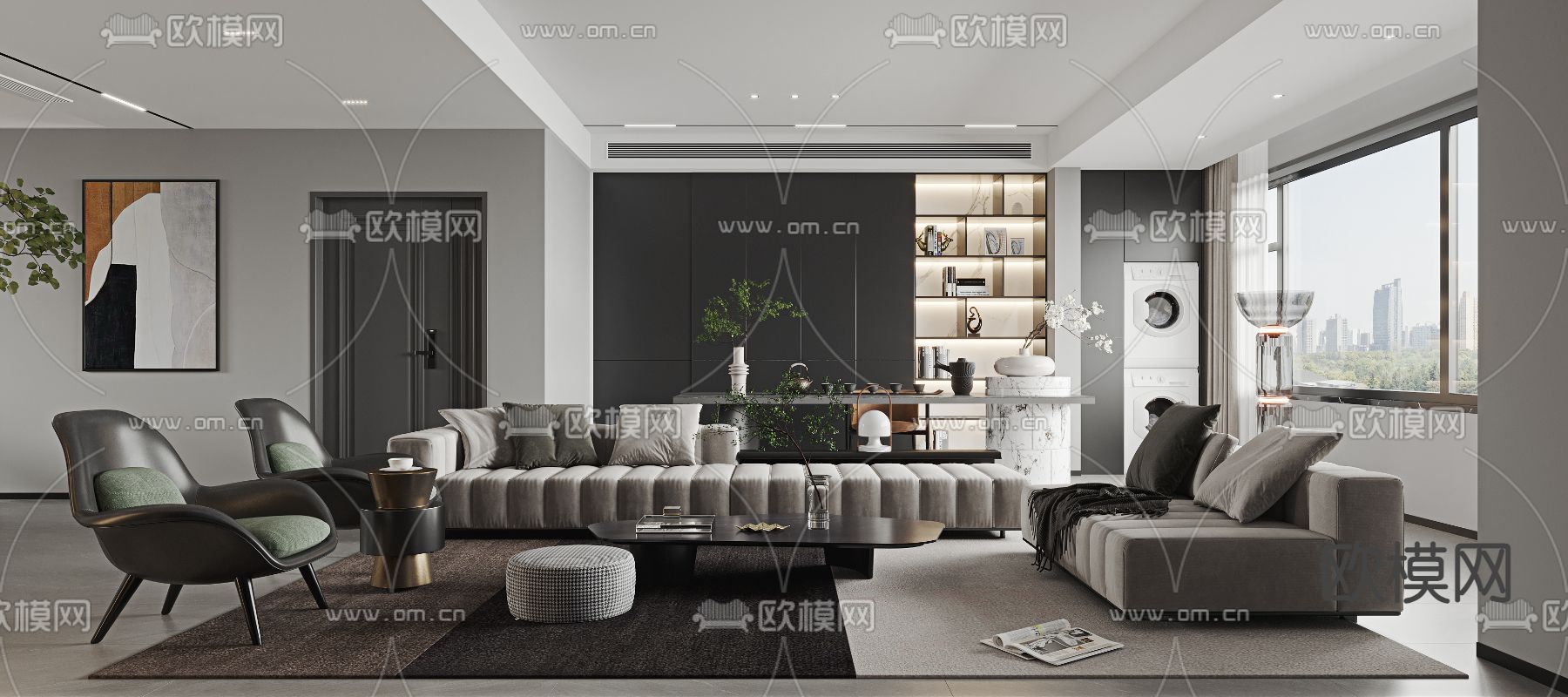 高级灰客厅 餐厅3d模型下载（渲染图1）