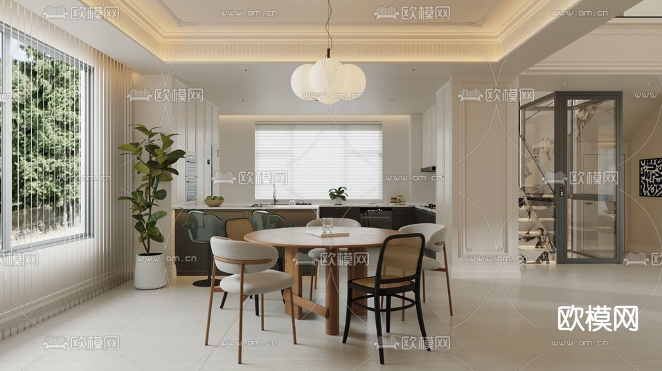奶油风客厅 餐厅3d模型下载(渲染图7)