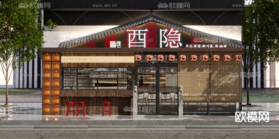 新中式餐馆门头3d模型下载