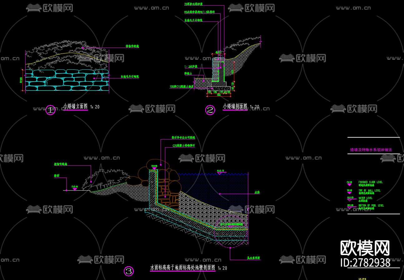 景墙 台阶 挡墙 驳岸CAD施工图下载（渲染图4）