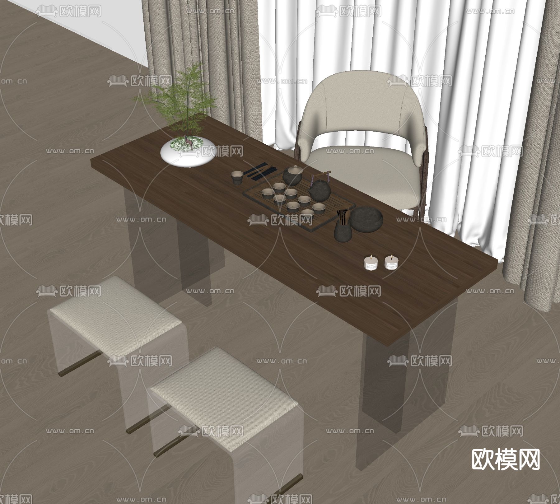 现代茶桌 茶台su模型下载（渲染图2）