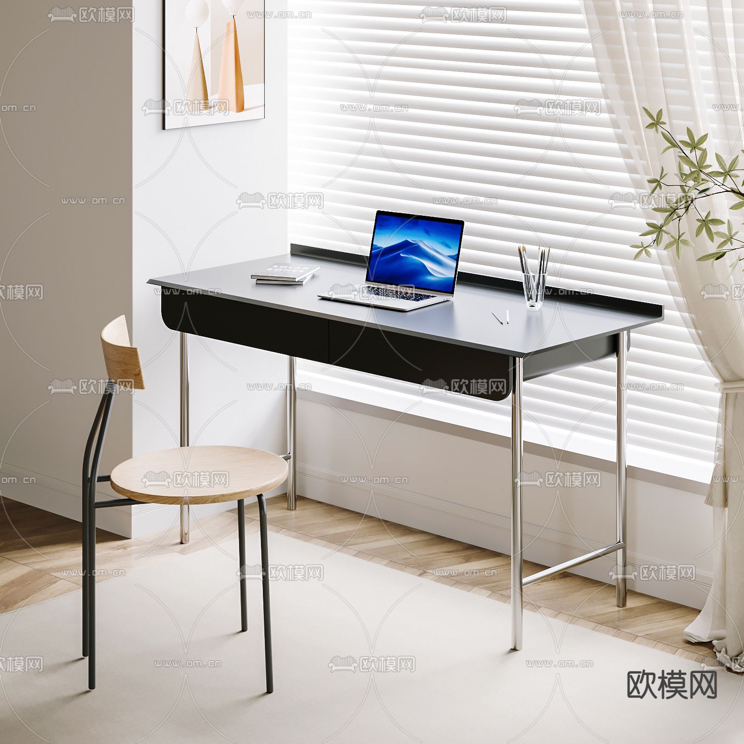 现代书桌 电脑桌 写字台su模型下载（渲染图1）