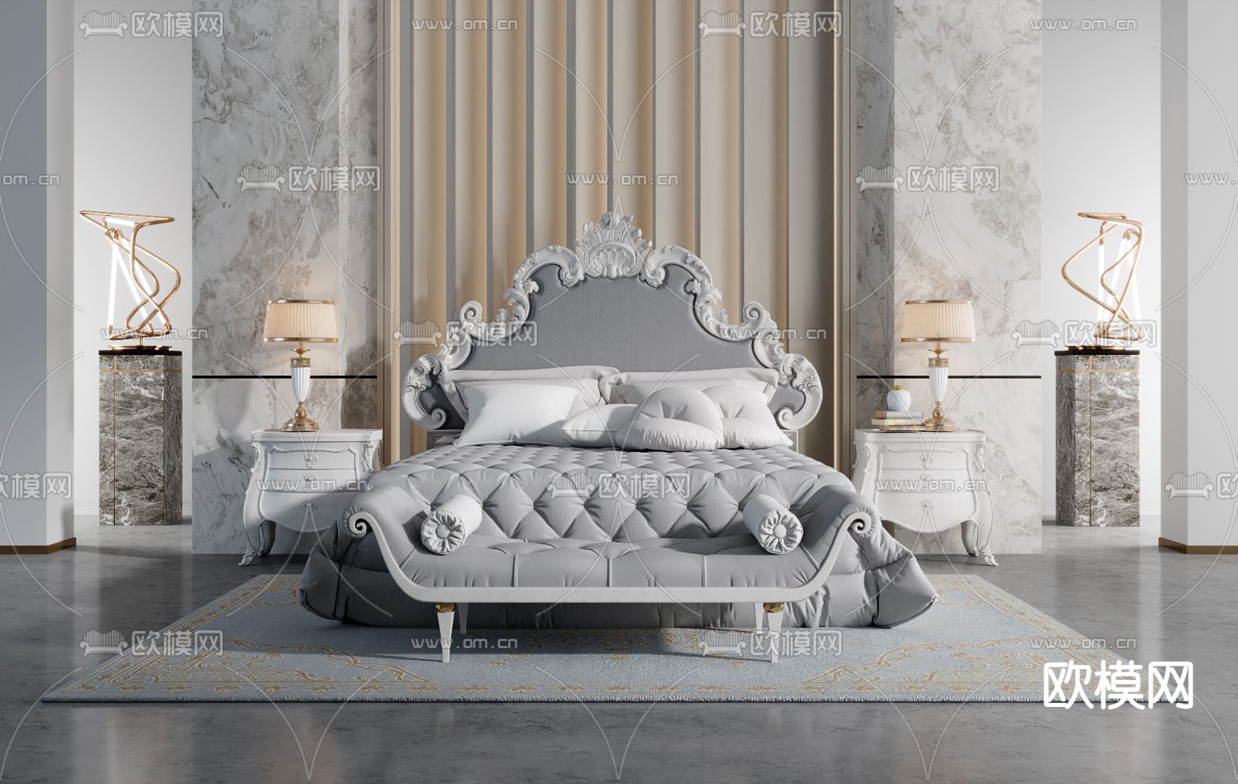 欧式双人床su模型下载（渲染图1）