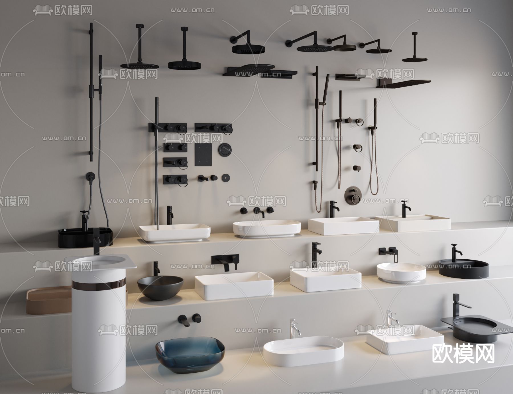 台盆 立柱台盆 花洒 洁具su模型下载（渲染图1）