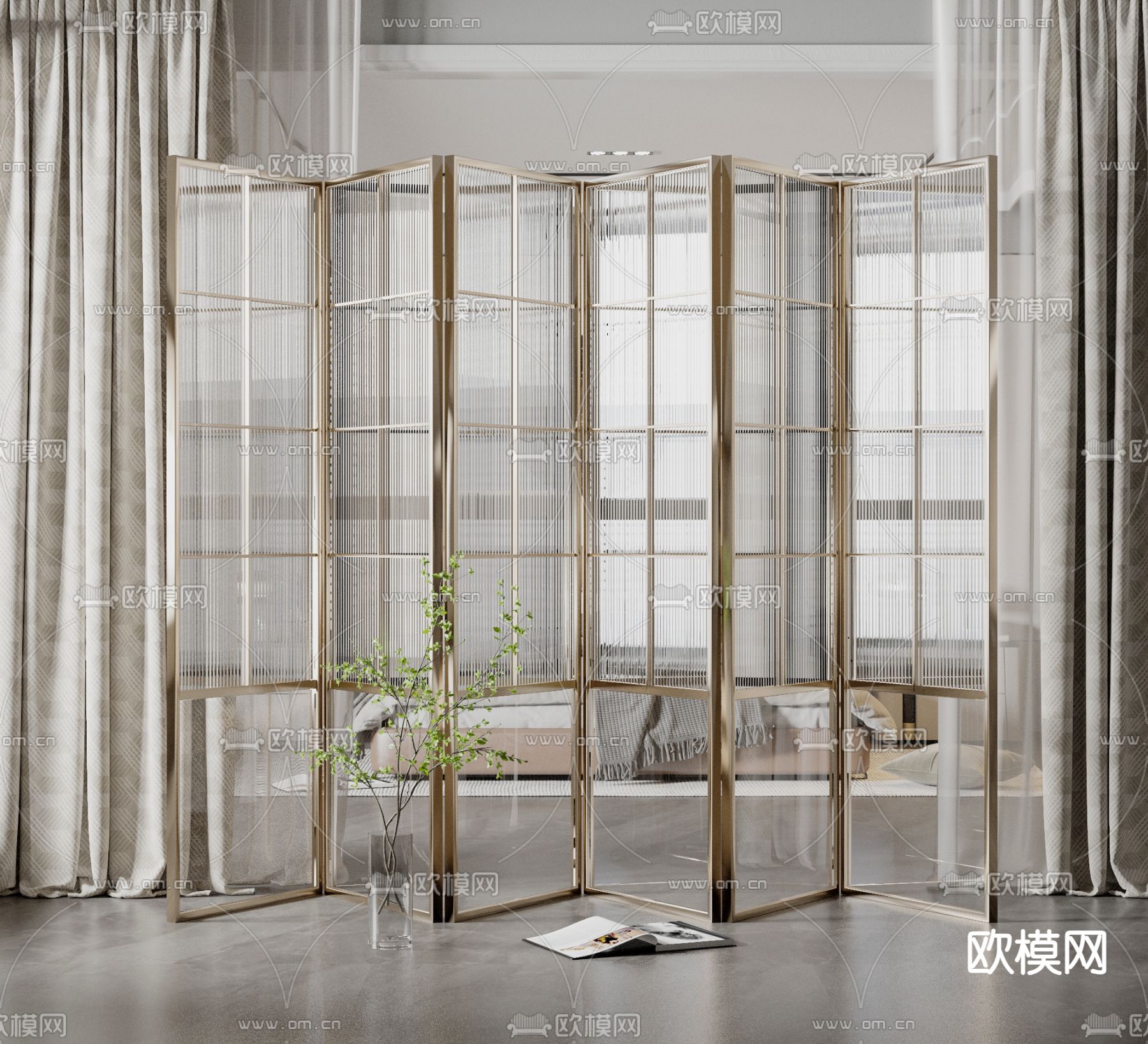 玻璃屏风 隔断su模型下载（渲染图1）