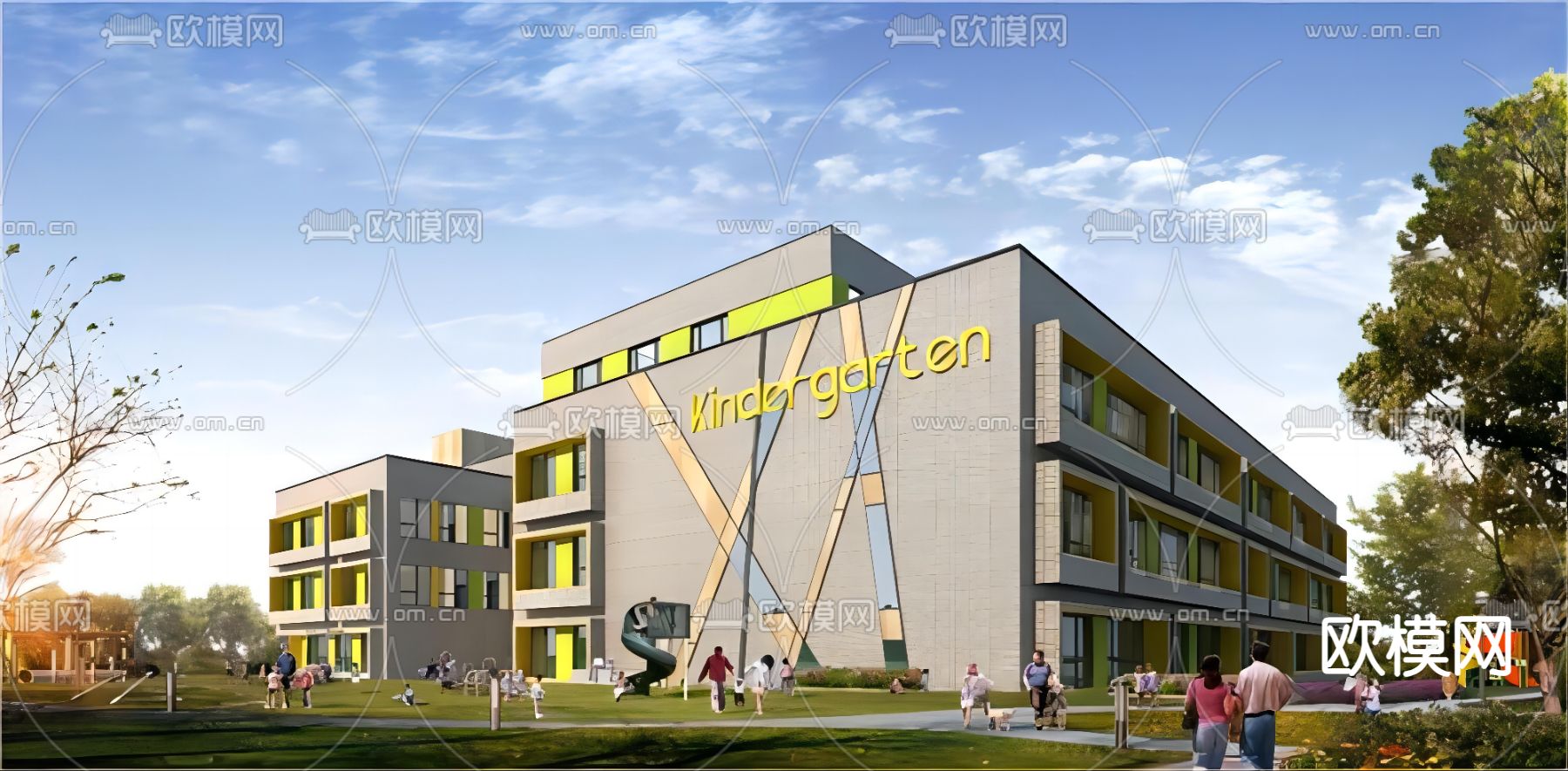 现代幼儿园外观su模型下载（渲染图1）