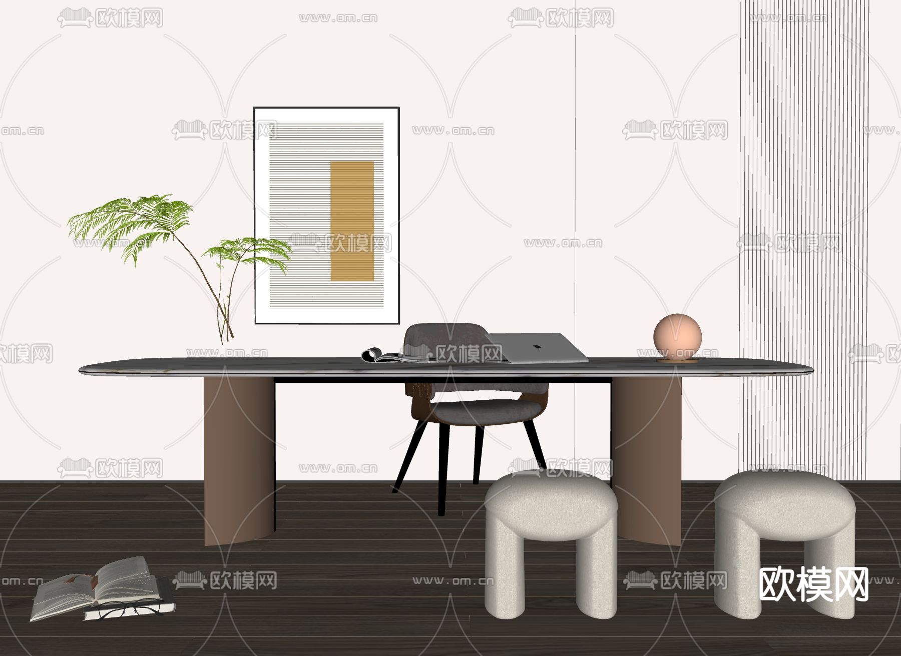 现代书桌 写字台su模型下载（渲染图2）