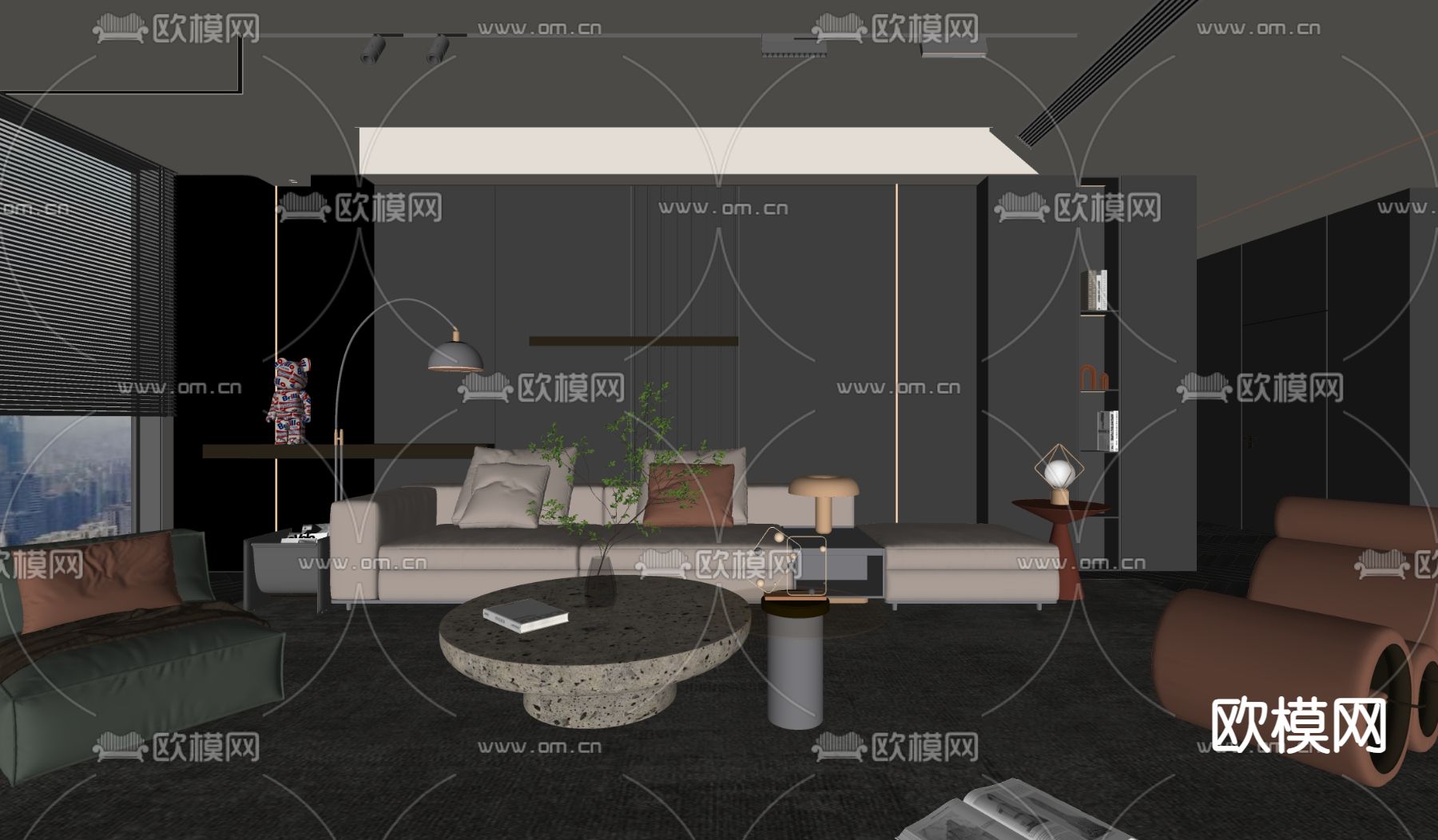 暗黑风客厅su模型下载（渲染图1）