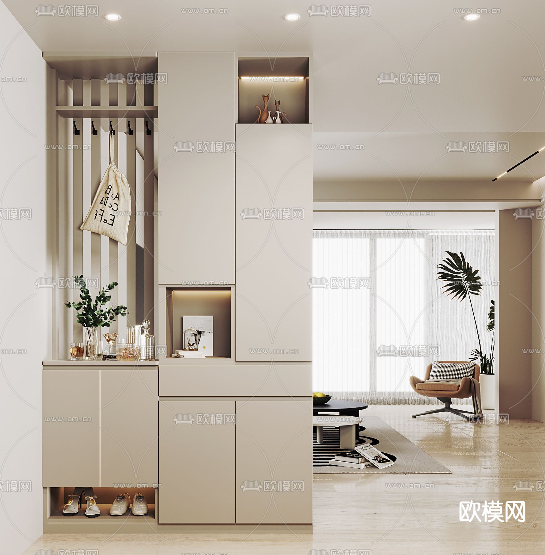 奶油风鞋柜 隔断su模型下载_ID14217913_sketchup模型下载-欧模网