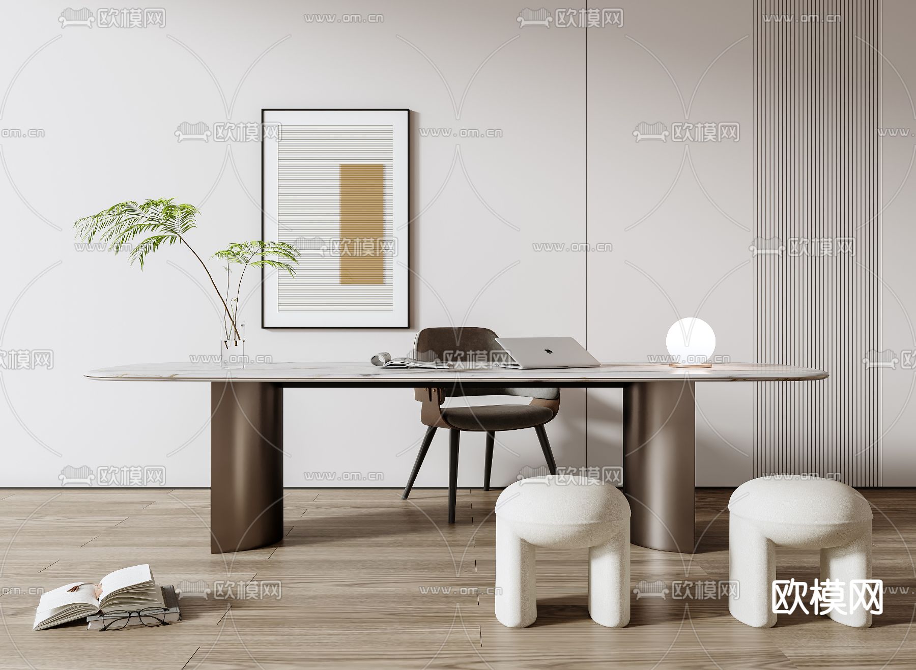 现代书桌 写字台su模型下载（渲染图1）