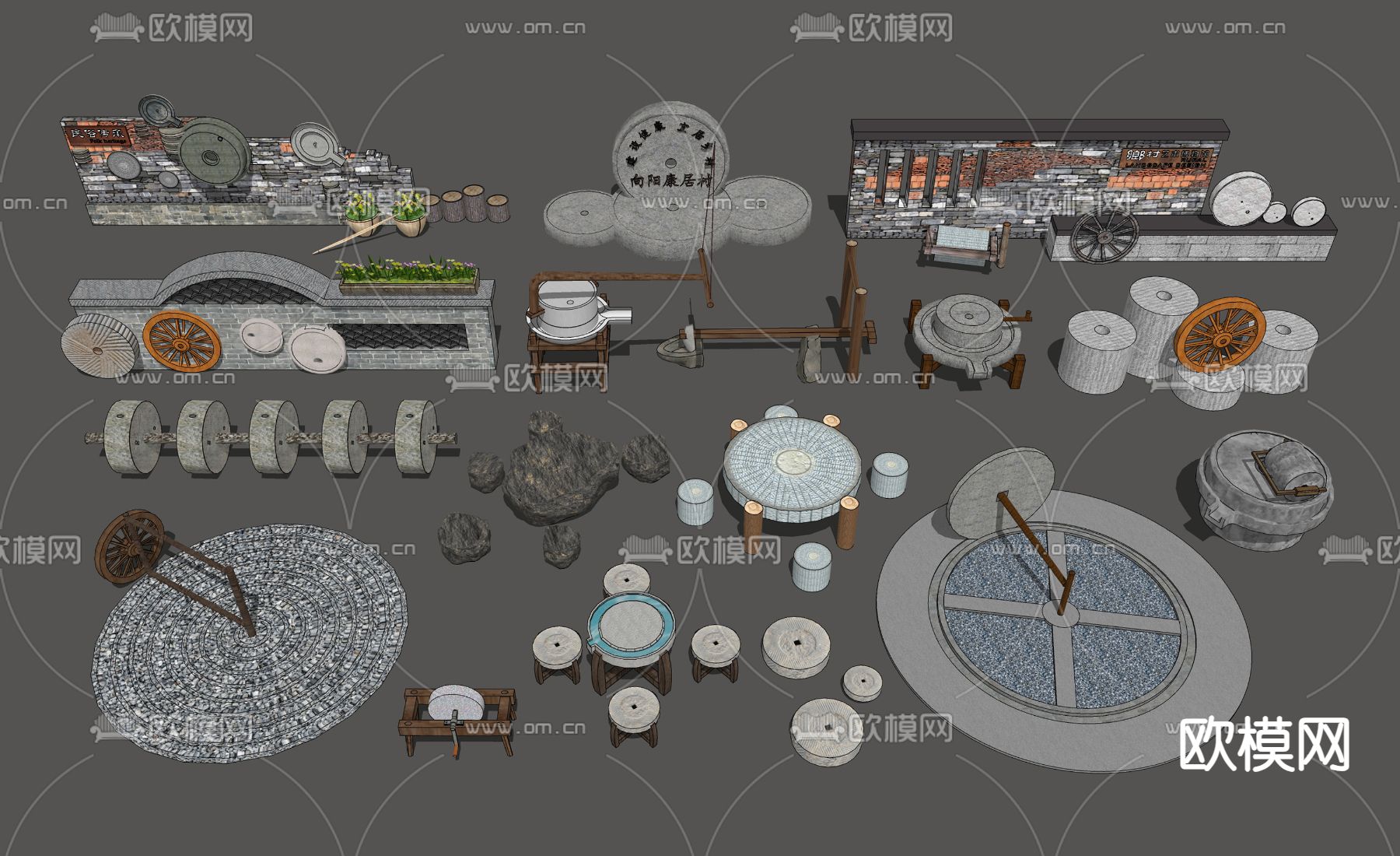 乡村石磨小品su模型