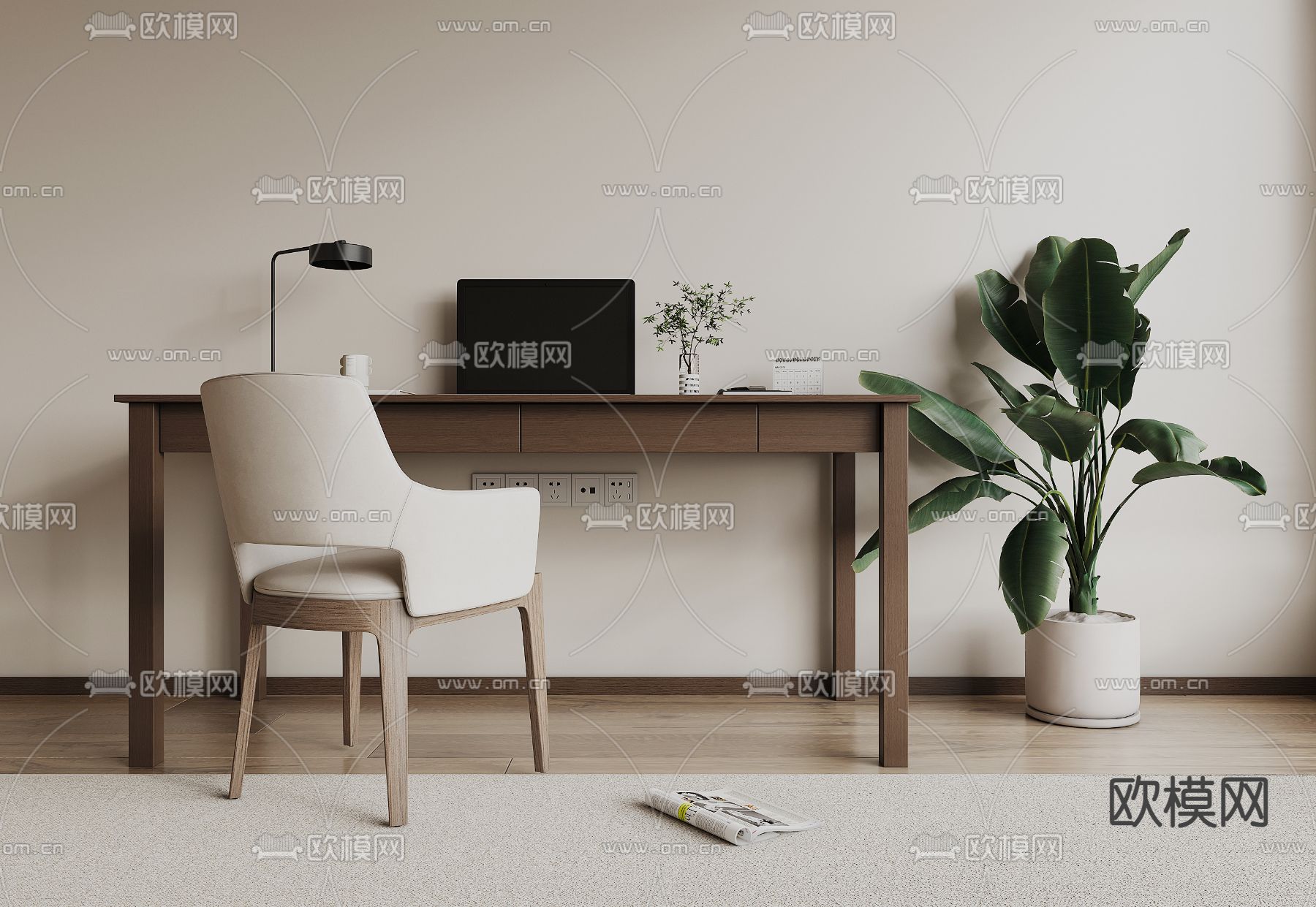 现代书桌 电脑桌su模型下载（渲染图1）
