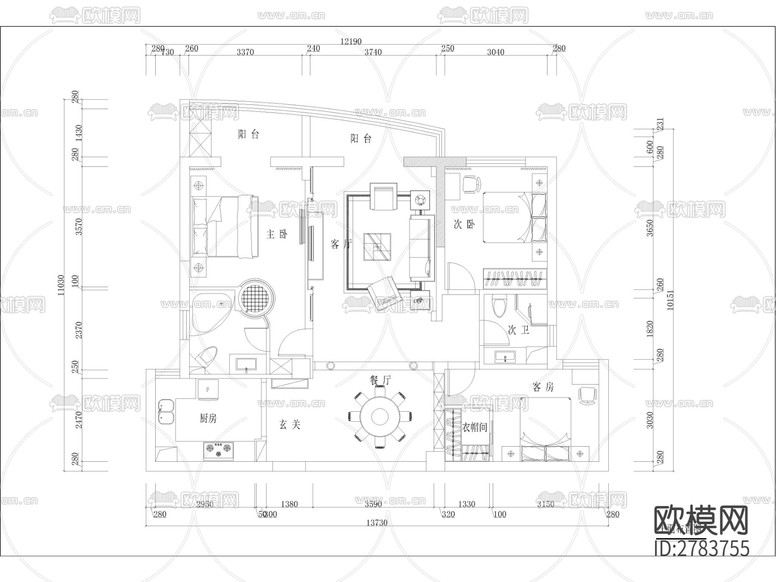 家裝平層cad施工圖下載(渲染圖1)