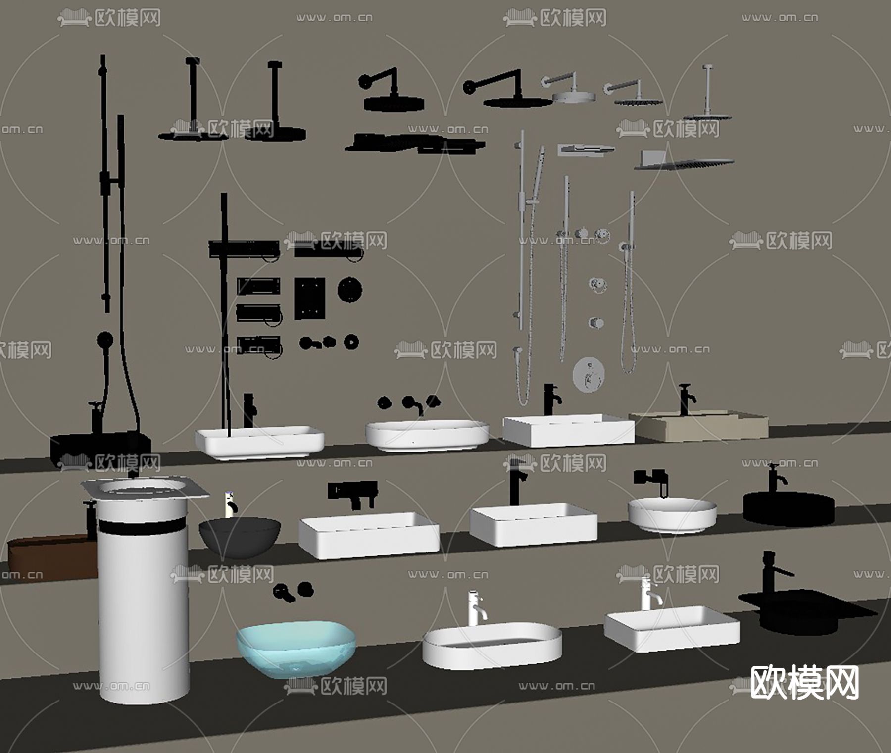 台盆 立柱台盆 花洒 洁具su模型下载（渲染图2）